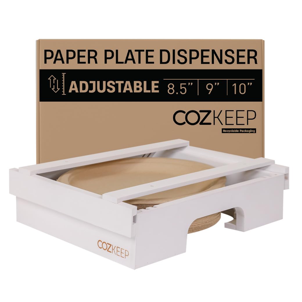 Adjustable Under Cabinet Paper Plate Holder & Organizer for 8/8.5/9/10-Inch Plates - White | Space-Saving Kitchen Storage for Parties, BBQs & Everyday Use