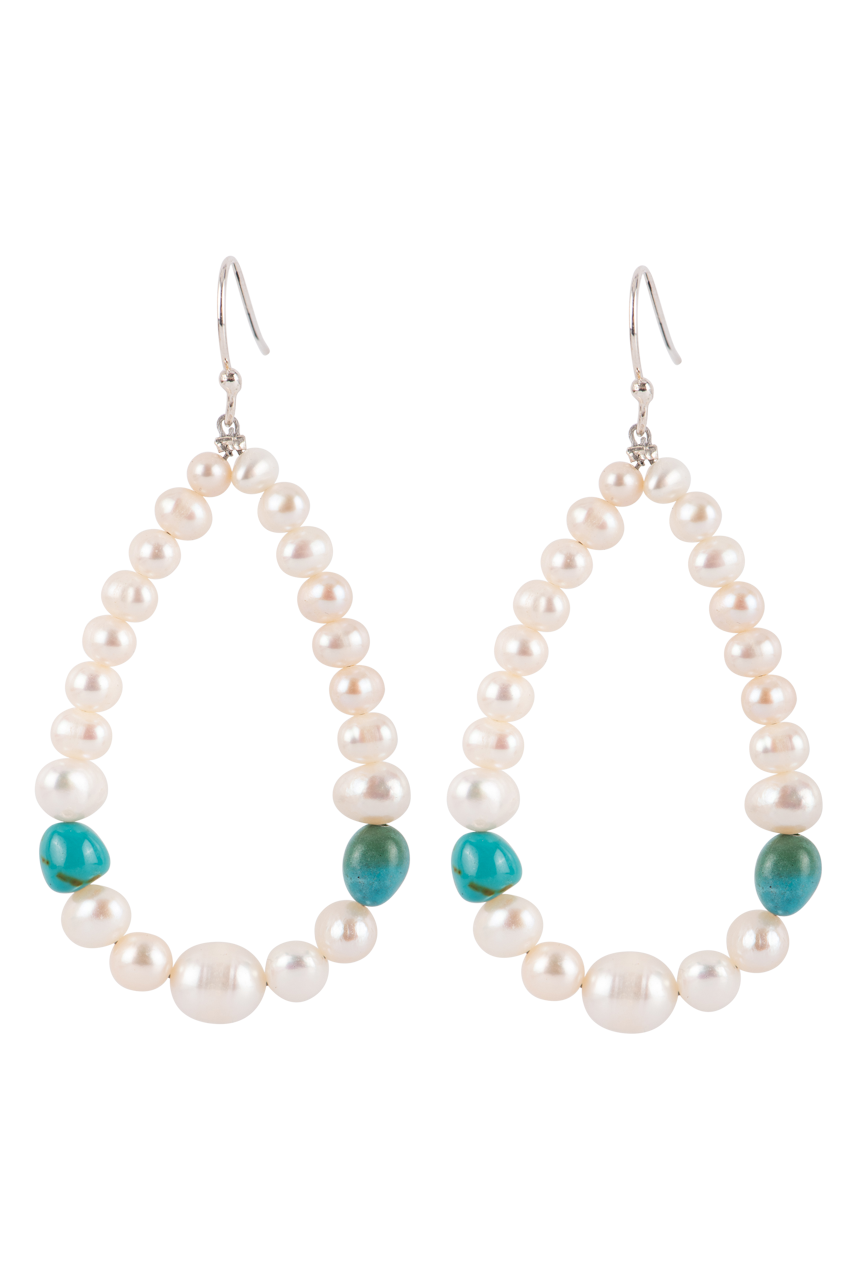 Paige Wallace Pearl & Turquoise Dangle Earrings for Women - Handmade Boho Jewelry Gift for Bridesmaids, Wedding, Party & Special Occasions