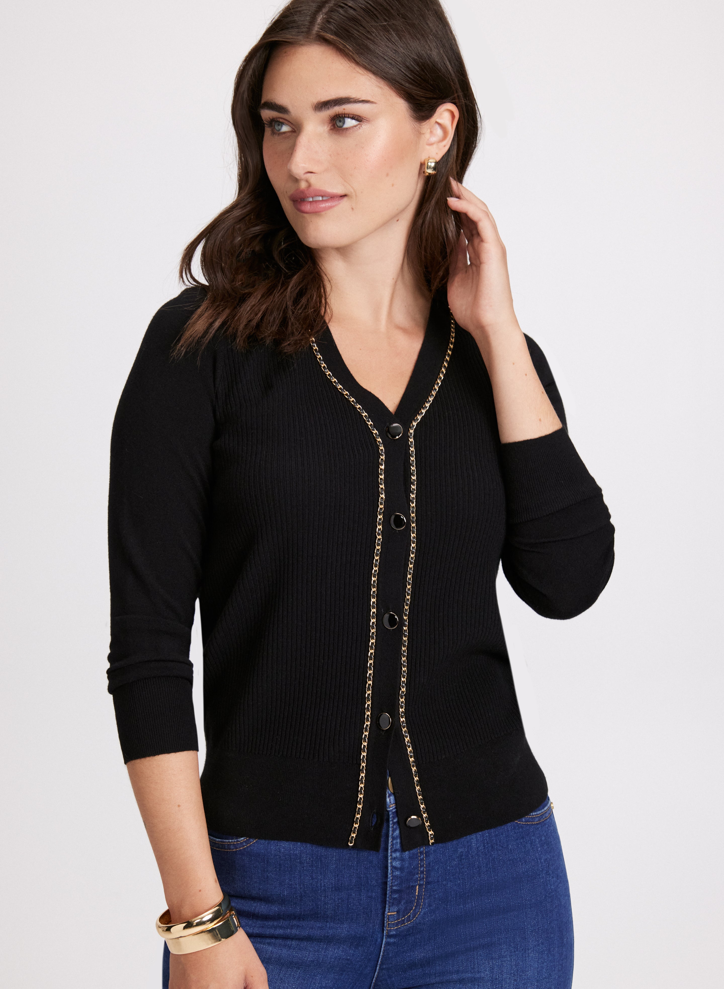 Stylish Chain Detail Cardigan for Women - Trendy Open Front Knit Sweater - Perfect for Casual Outfits, Office Wear & Layering in Fall & Winter