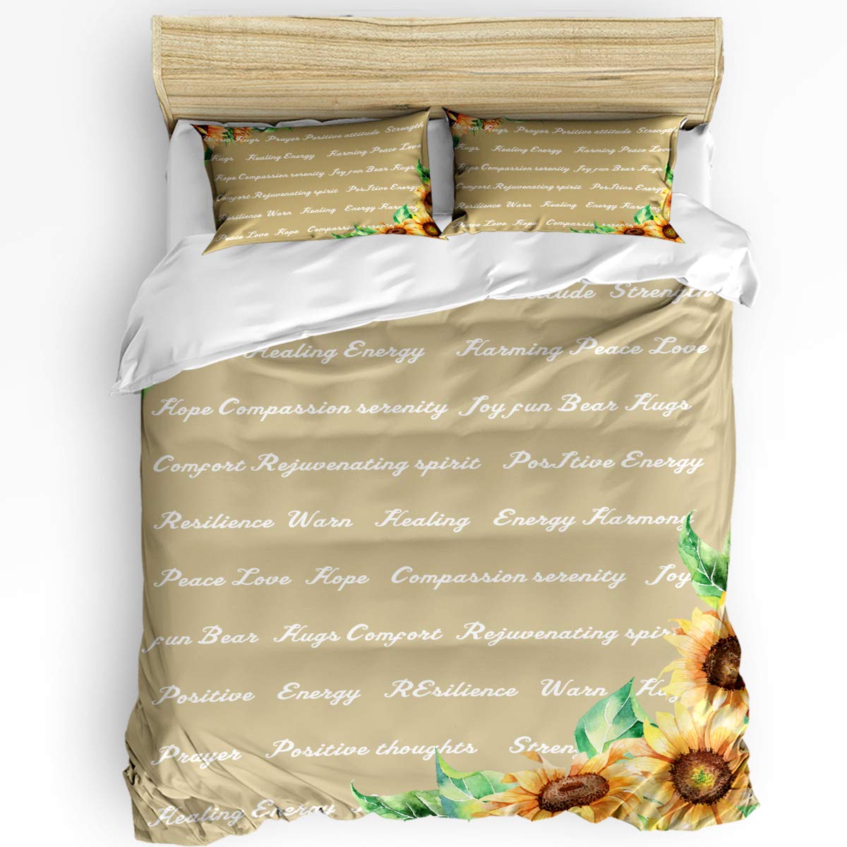LooPoP Inspirational Quote Queen Size Bedding Set - 3 Piece Comforter Duvet Cover with Pillow Shams for Teens (Boys & Girls), Sunflower Khaki Design - Perfect for Dorm Rooms, Teen Bedrooms & Gift Giving