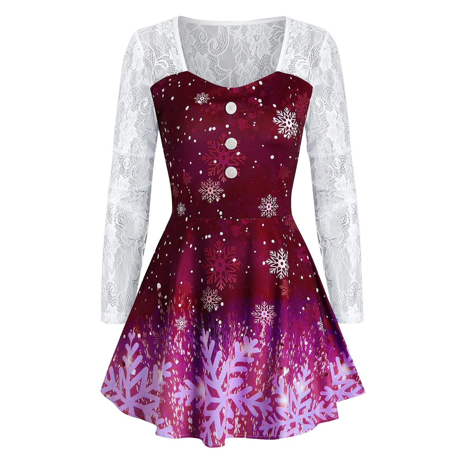 Women's Snowflake Printed Sweater Dress with Lace Sleeve Stitching - Casual Long Sleeve Knit Dress for Winter, Holiday Parties & Christmas Gatherings