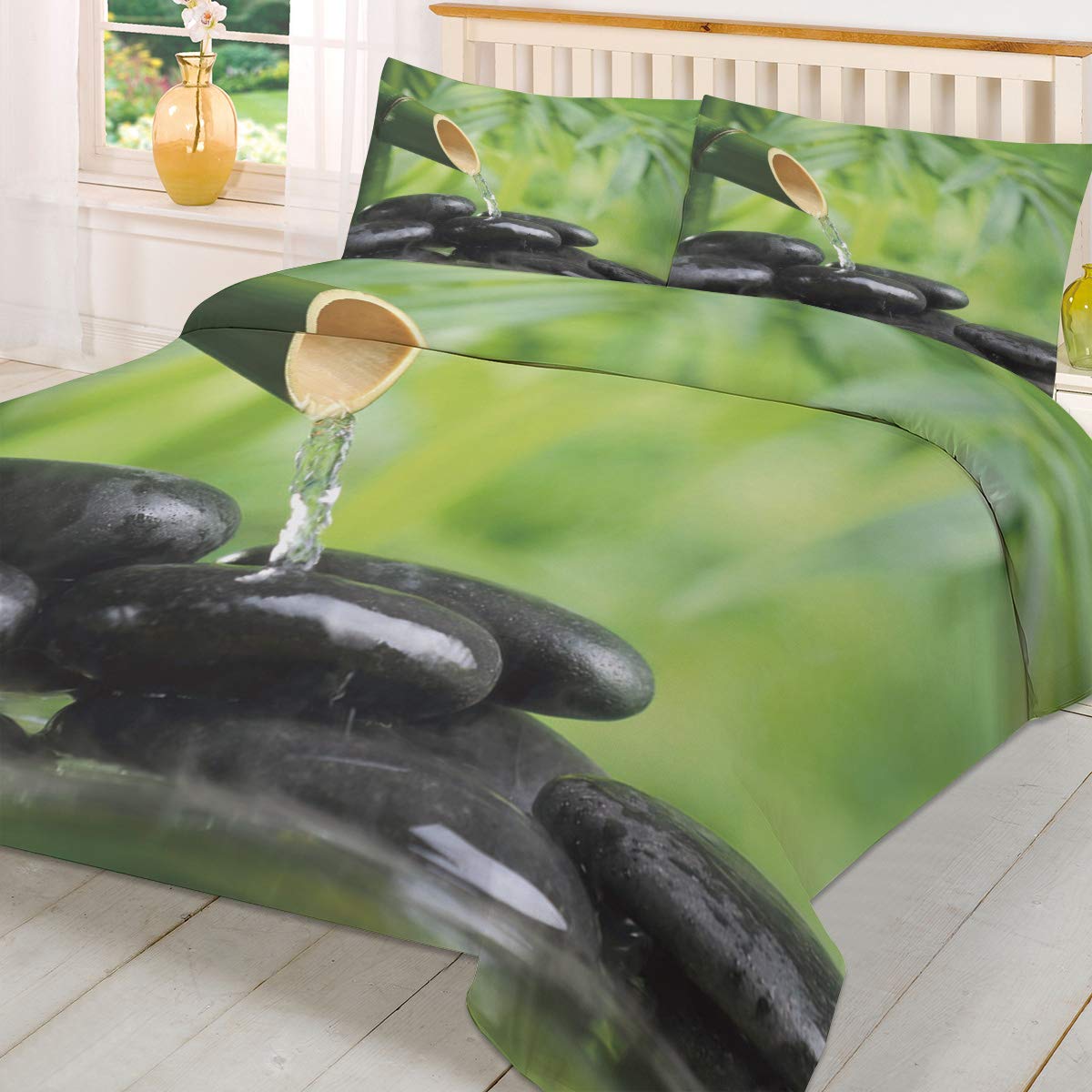 Luxury Reversible Duvet Cover Set Queen Size - 3 Piece Hotel Quality Bedding Collection | Modern Green Spa Zen Stone & Bamboo Design | Perfect for Master Bedroom, Guest Room & Vacation Homes