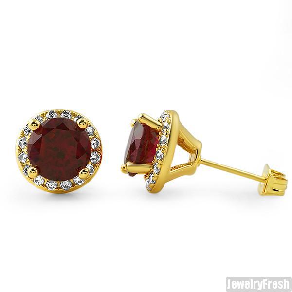 14K Gold Plated Synthetic Ruby CZ Halo Earrings for Women - Elegant Cubic Zirconia Stud Earrings for Party, Wedding & Special Occasions