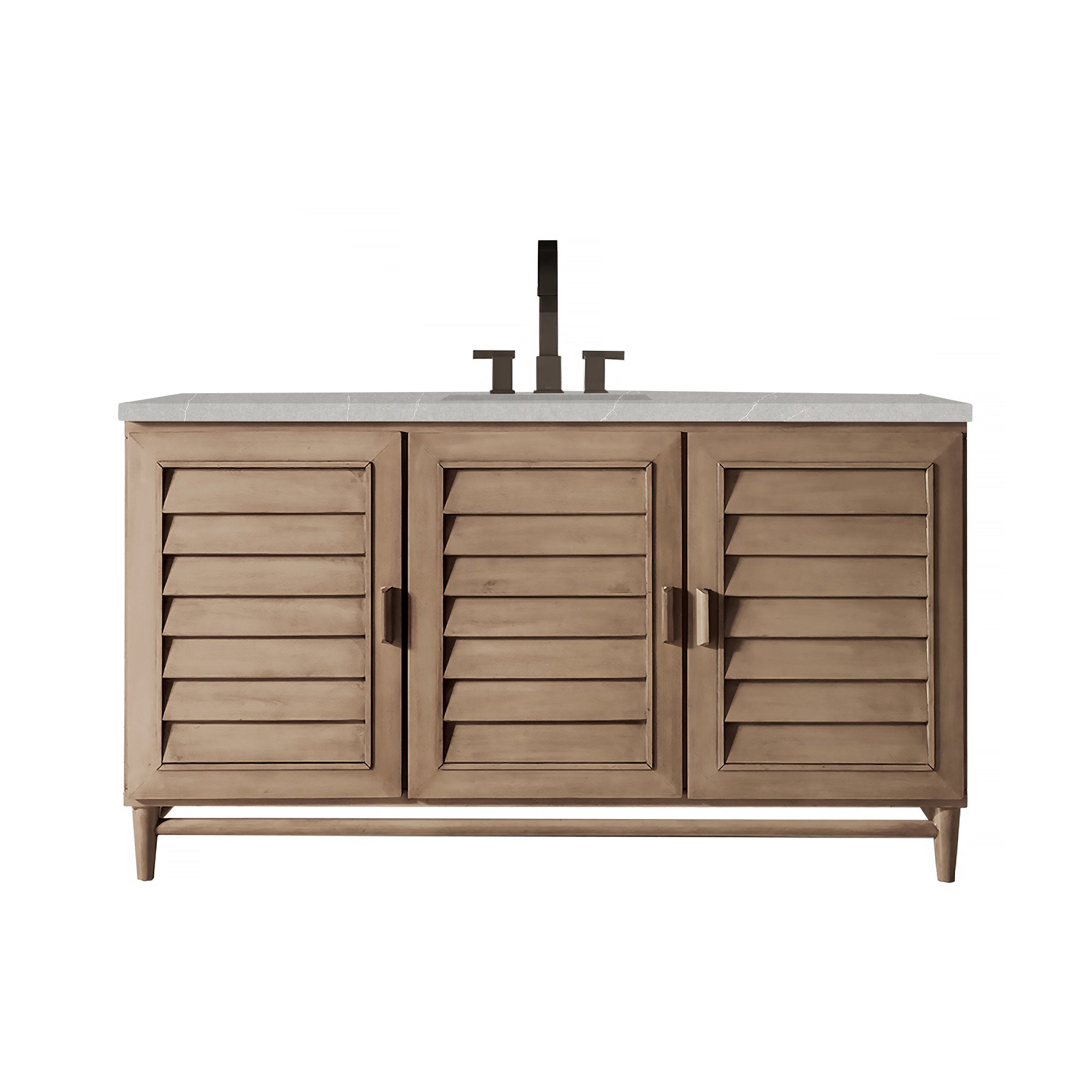 Portland 60 Inch Single Bathroom Vanity in Whitewashed Walnut with 3CM Eternal Serena Quartz Countertop - Perfect for Modern Master Bathrooms and Powder Rooms