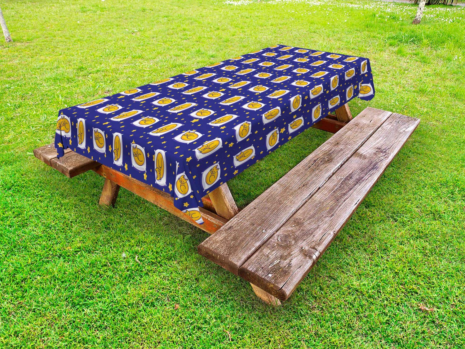 Ambesonne Waterproof Outdoor Tablecloth - Sleeping Cats on Pillows Starry Night Design, Washable Picnic Blanket 58x120 Inches, Earth Yellow & Royal Blue - Perfect for Garden Parties, BBQs, and Outdoor Dining