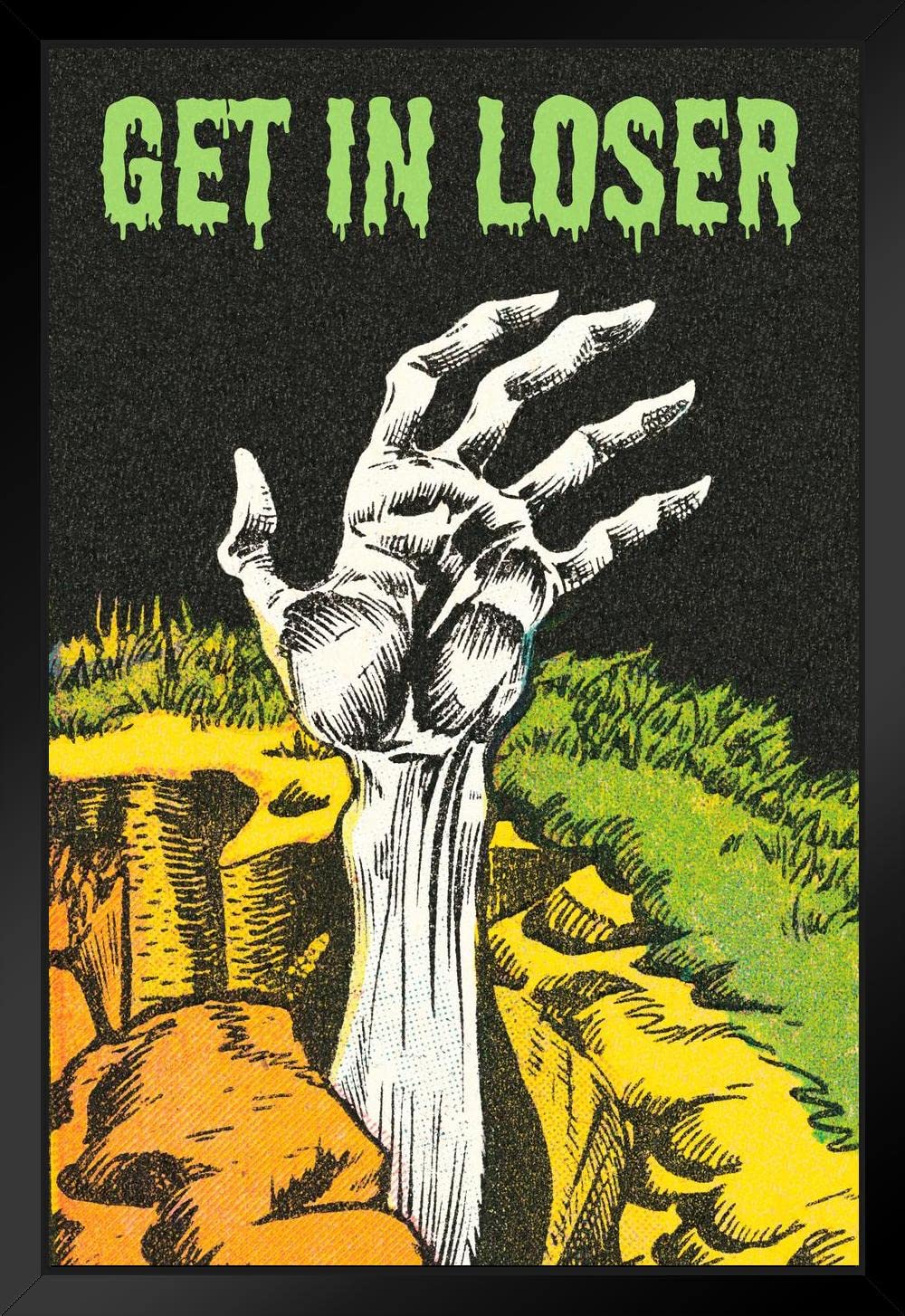 Funny Zombie Hand Grave Horror Retro Comic Wall Art - Spooky Halloween Decorations Black Wood Framed Poster 14x20 - Perfect for Halloween Party, Haunted House & Gothic Home Decor