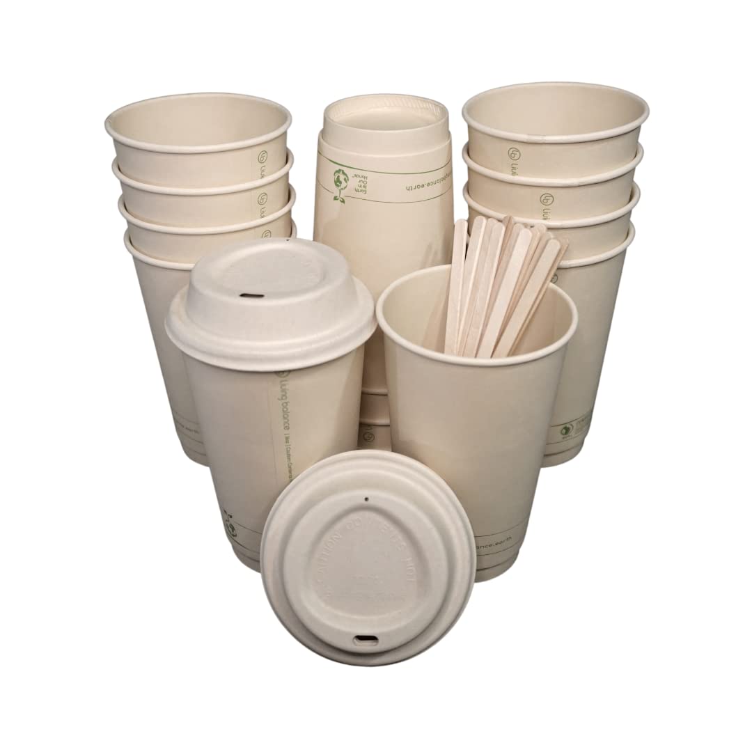 Certified Compostable 16oz Coffee Cups with Lids - 75 Pack | Eco-Friendly Bagasse Coffee Cups with Stirrers & Sleeves | Perfect for Coffee Shops, Offices & Sustainable Events