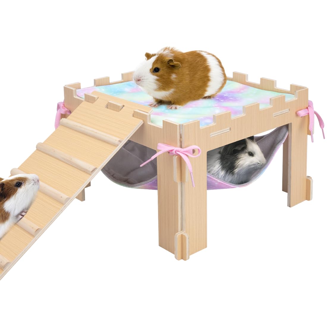 **Wooden Guinea Pig Hideout with Hammock, Platform & Ramps - Waterproof Coating, Easy to Clean - Small Pet Cage Accessories for Play & Relaxation - Perfect for Guinea Pigs, Hamsters & Small Animals**