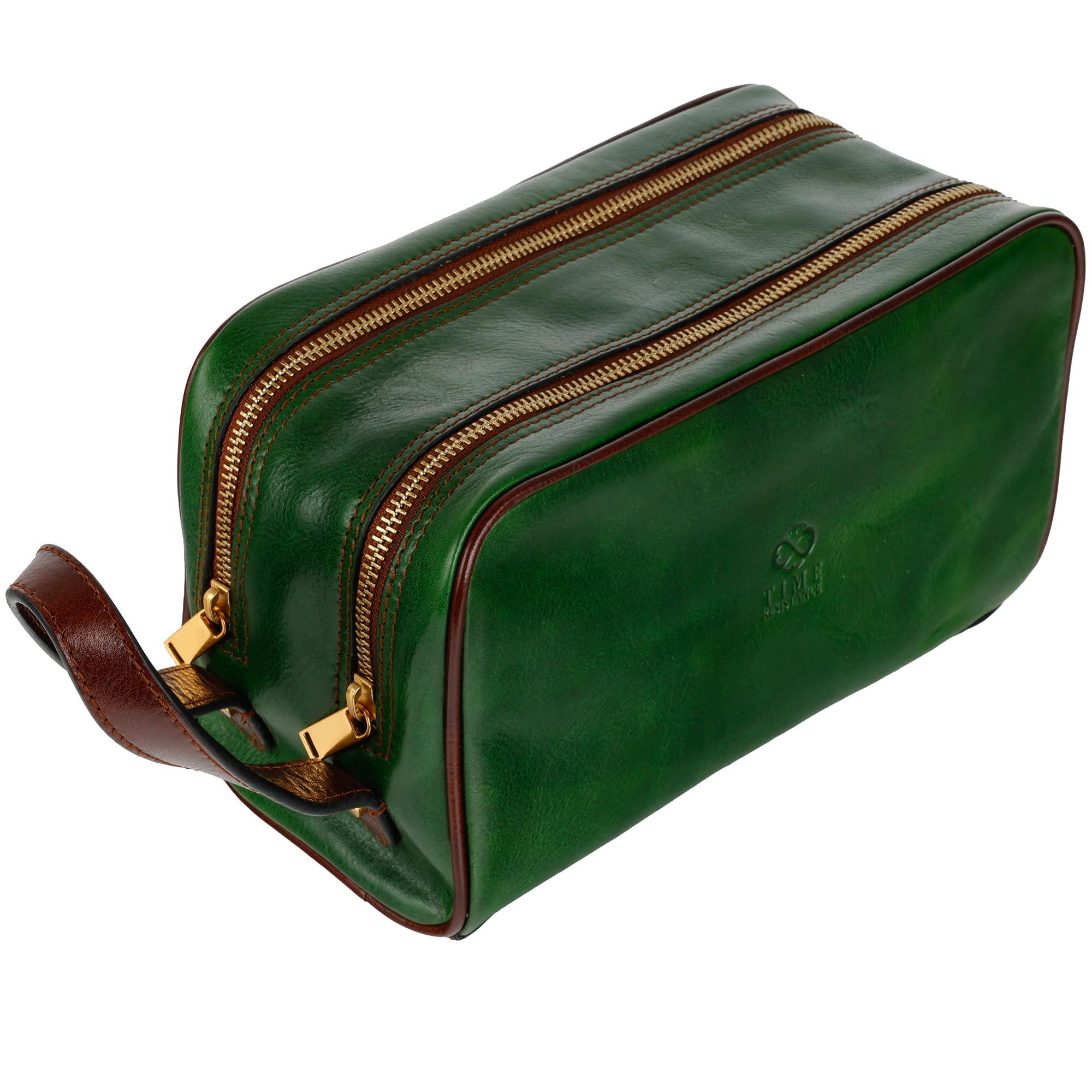 Premium Italian Leather Cosmetic Bag for Women & Men - Elegant Brown Toiletry Dopp Kit with Time-Resistant Green Lining - Perfect for Travel, Gym & Daily Essentials Organization