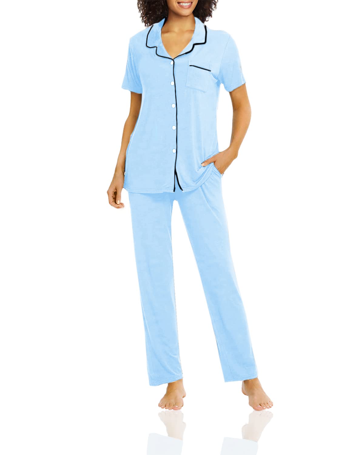 SWOMOG Women's 2-Piece Pajama Set - Soft Short Sleeve Button Down Sleepwear & Lounge Pants Set for Comfortable Nightwear, Home Relaxation and Gift Giving