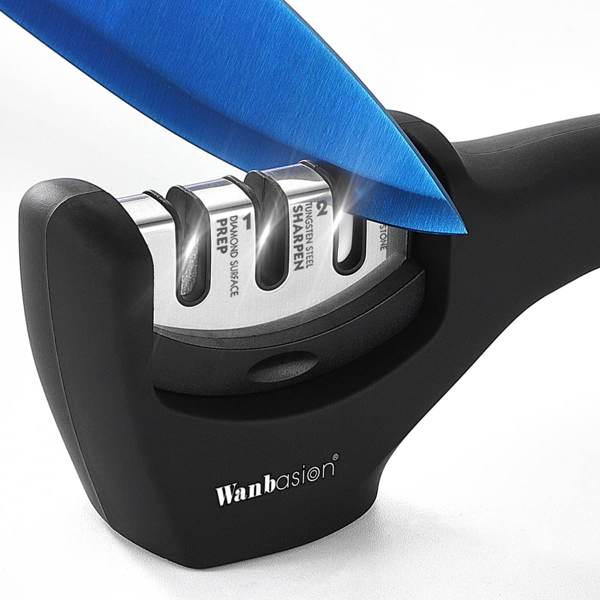 Wanbasion Professional 3-Stage Black Kitchen Knife Sharpener - Manual Sharpening Tool with Stainless Steel, Ceramic & Diamond Blades - Ideal for Home Chefs and Culinary Enthusiasts