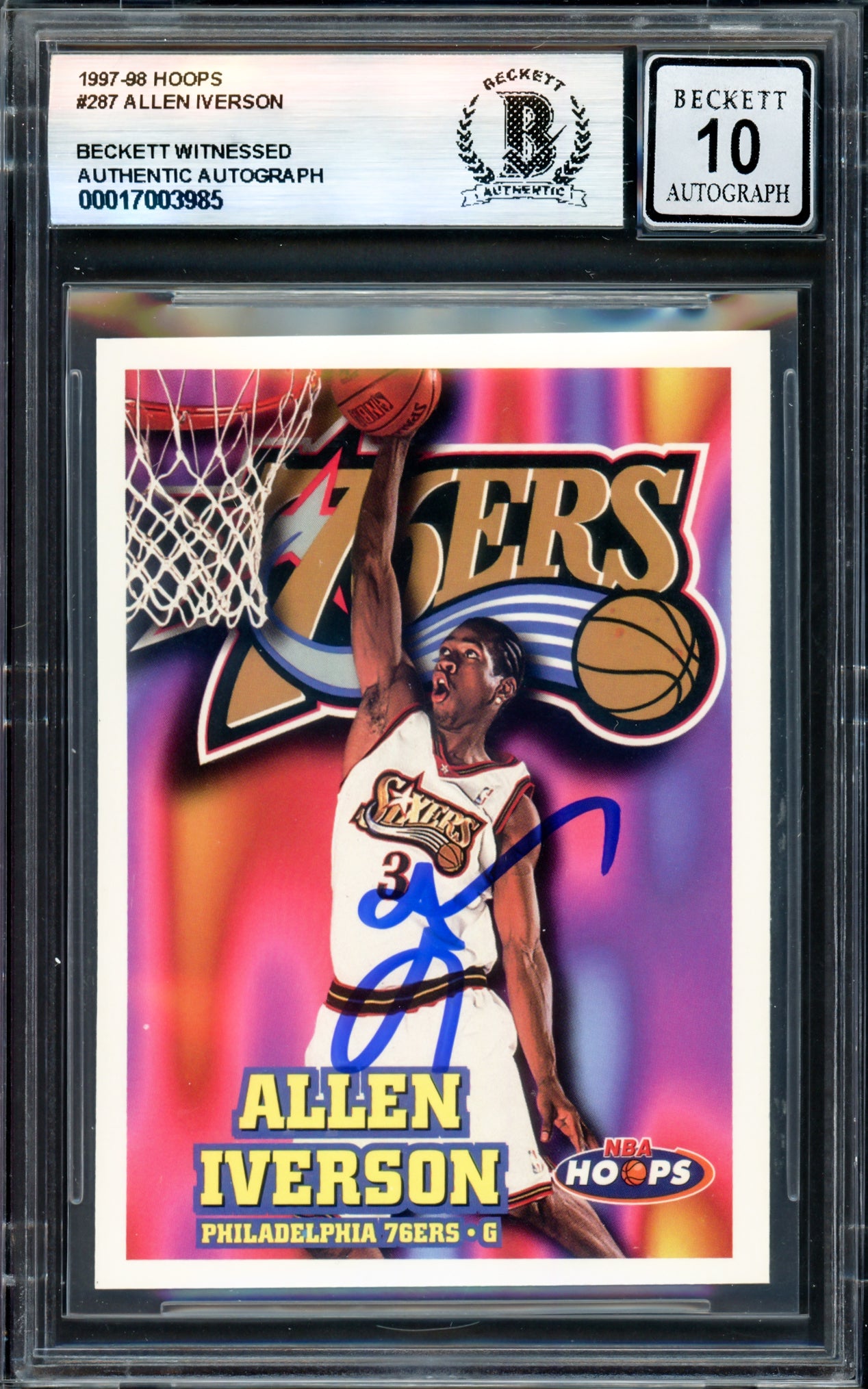 Allen Iverson Autographed 1997-98 Hoops #287 Philadelphia 76ers Basketball Card - Beckett BAS Gem Mint 10 Certified (Witness #17003985) - Perfect for NBA Memorabilia Collectors & 76ers Fans Display