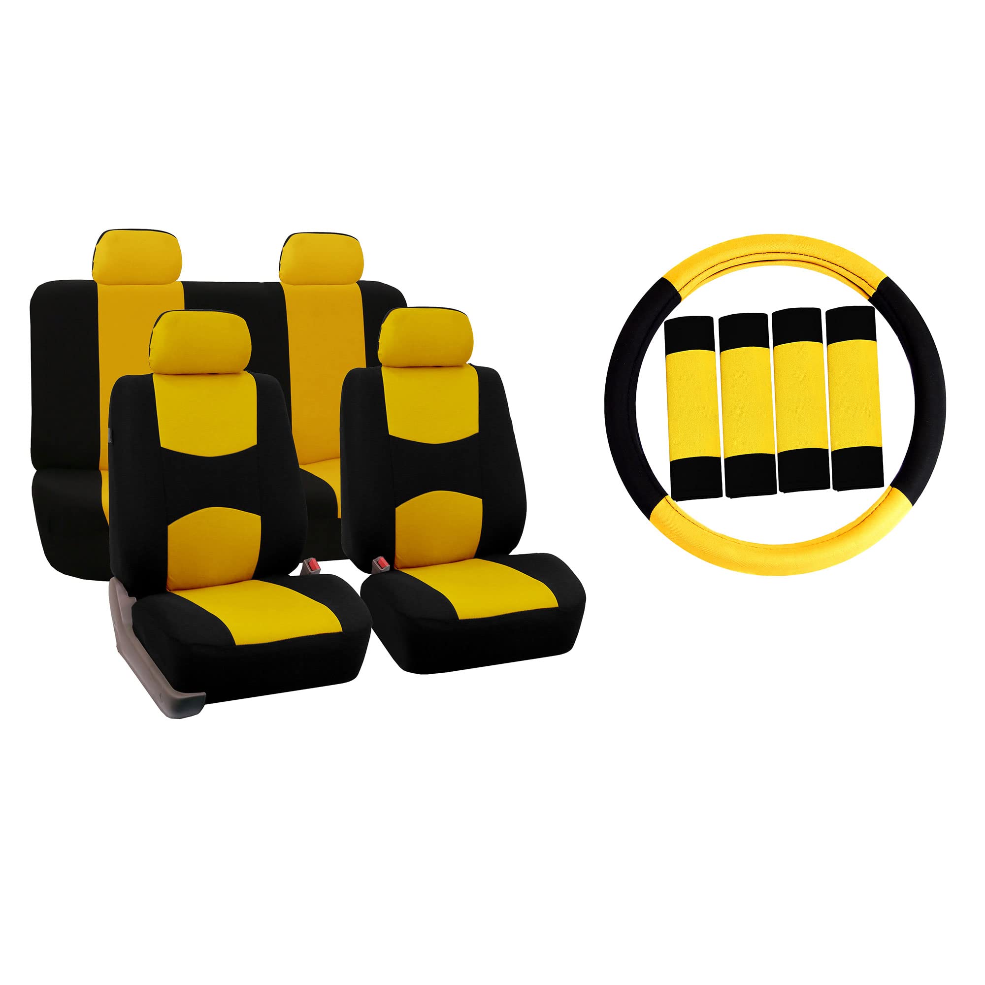 FH Group Universal Flat Cloth Car Seat Covers Full Set - Front Seats & Solid Rear Bench for Cars, Trucks & SUVs (Yellow) | Perfect for Daily Commute, Road Trips & Vehicle Protection