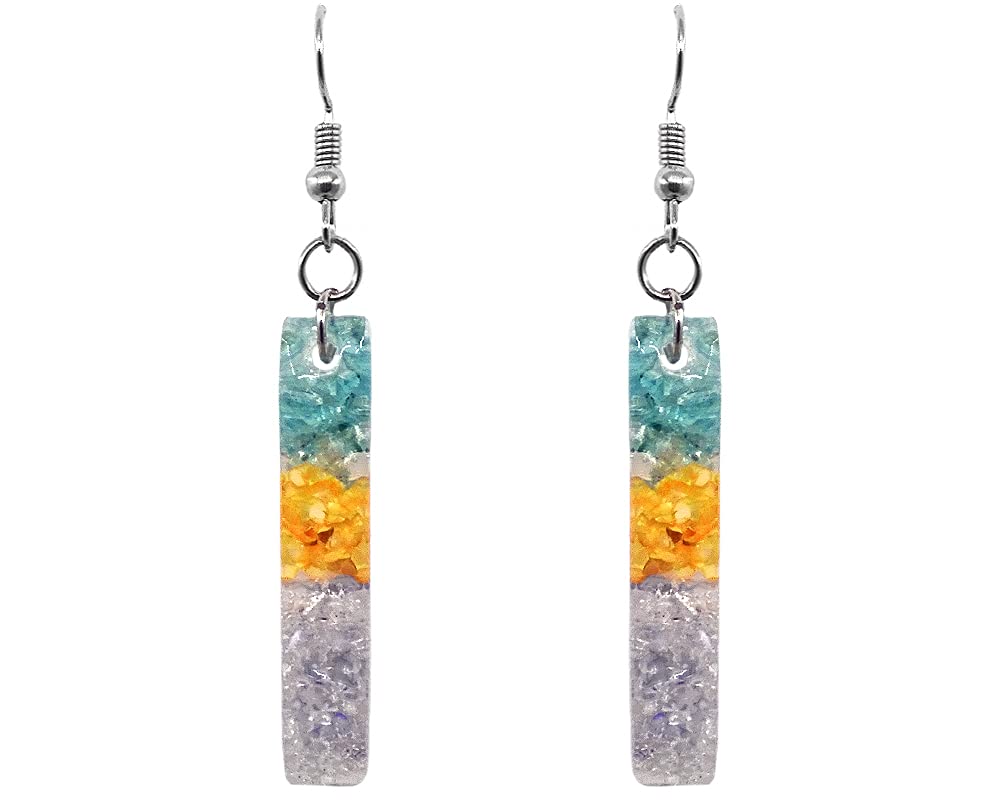 Long Rectangle Crushed Chip Stone Inlay Acrylic Striped Dangle Earrings - Handmade Boho Jewelry for Women | Perfect for Festival, Party & Everyday Wear