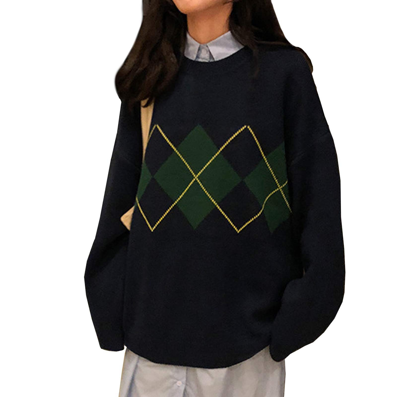 Lunoakvo Women's Geometric Argyle Knit Sweater - Oversized Loose Pullover Jumper with O-Neck Design | Casual Winter Wear, Office Outfit & Holiday Fashion