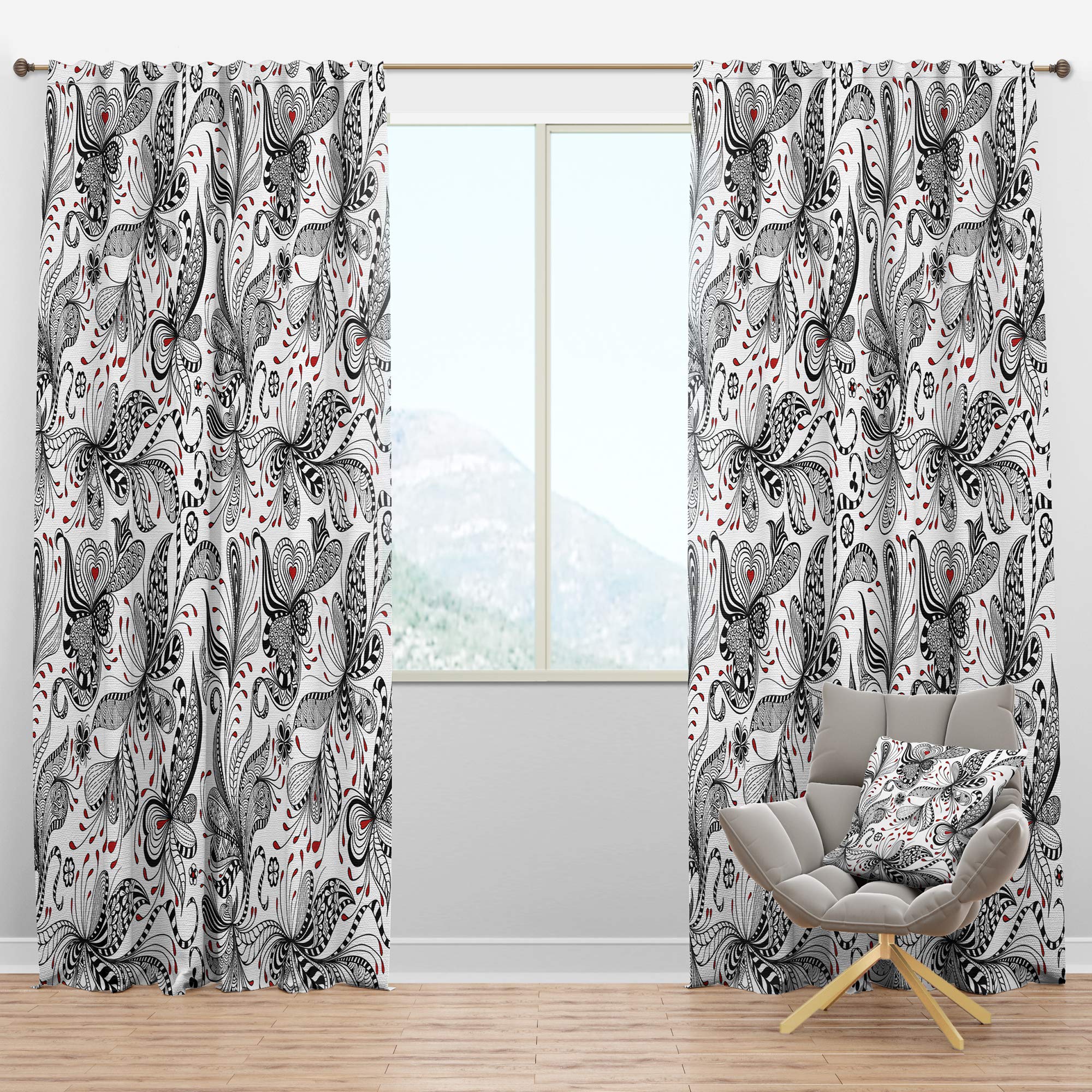 DesignQ Black & Red Floral Pattern Thermal Insulated Curtains - Single Panel 52x95 - Elegant Window Drapes for Bedroom & Living Room - Perfect for Home Decor & Light Blocking