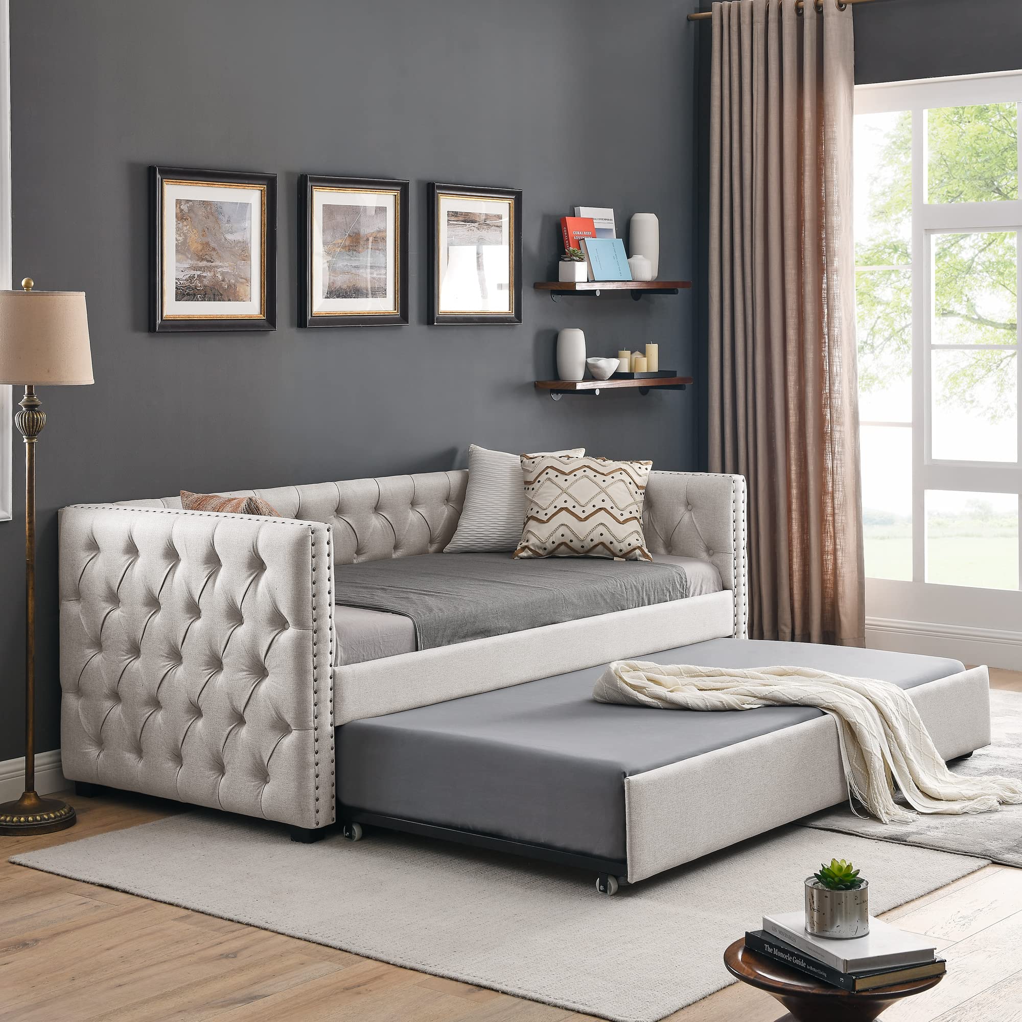 JULYFOX Button Tufted Upholstered Twin Daybed Frame with Trundle - No Box Spring Needed, Space Saving Platform Bed with Nail Head Trim (Beige) | Perfect for Guest Rooms, Small Apartments & Dorm Rooms