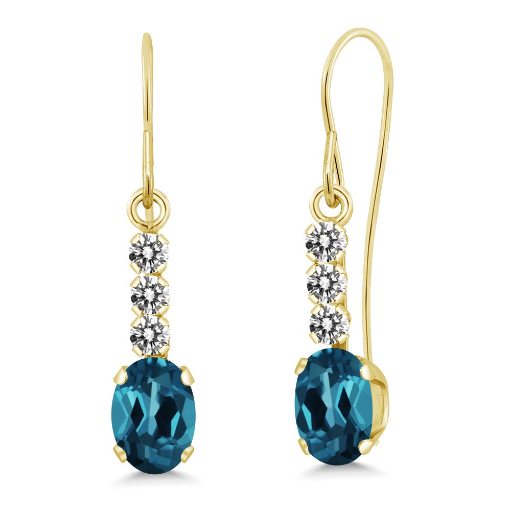 1.30 Ct Oval London Blue Topaz & White Diamond 10K Yellow Gold Earrings for Women | Gem Stone King | Elegant Bridal Jewelry, Anniversary Gift & Evening Wear Accessories