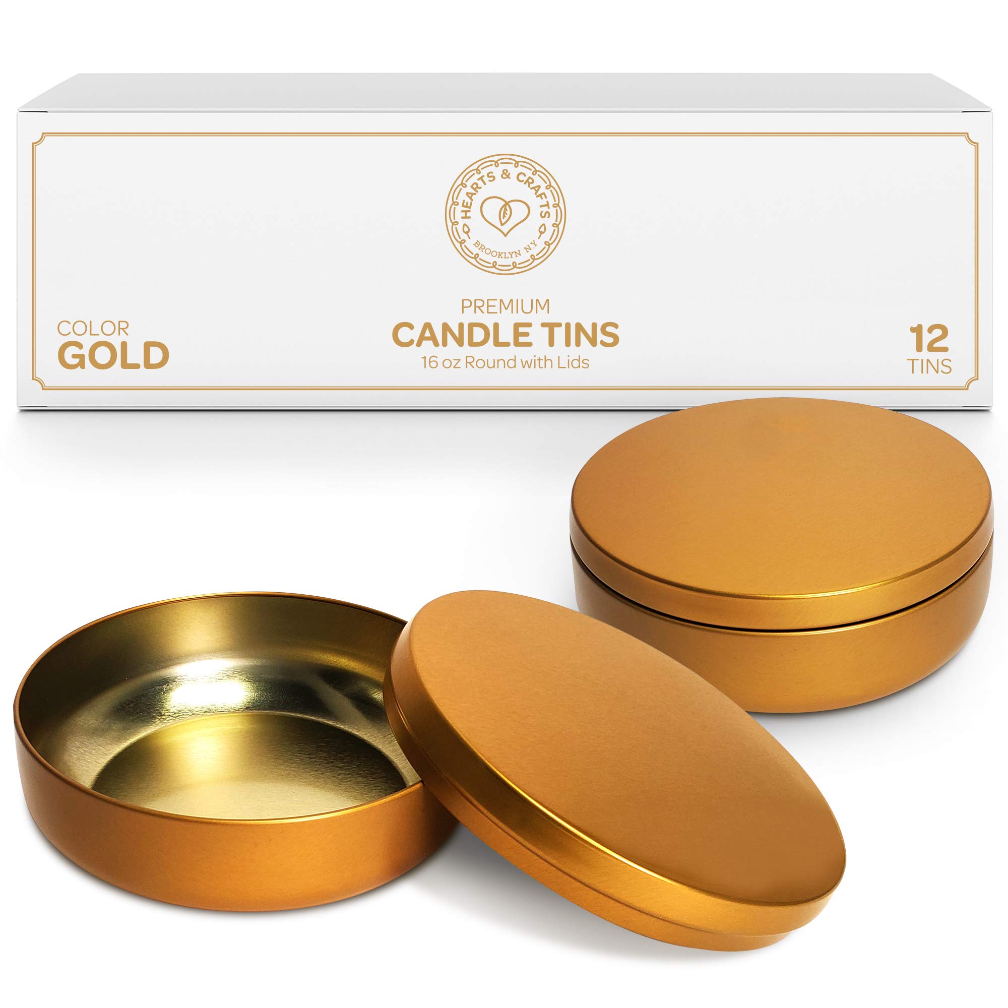 Hearts & Crafts 16 oz Gold Candle Tins with Lids - 12-Pack Bulk Empty Candle Containers for DIY Candle Making, Home Decor, Wedding Favors, Party Supplies & Gift Packaging - Airtight Metal Storage Jars for Crafts, Bath Salts, Tea and Small Items