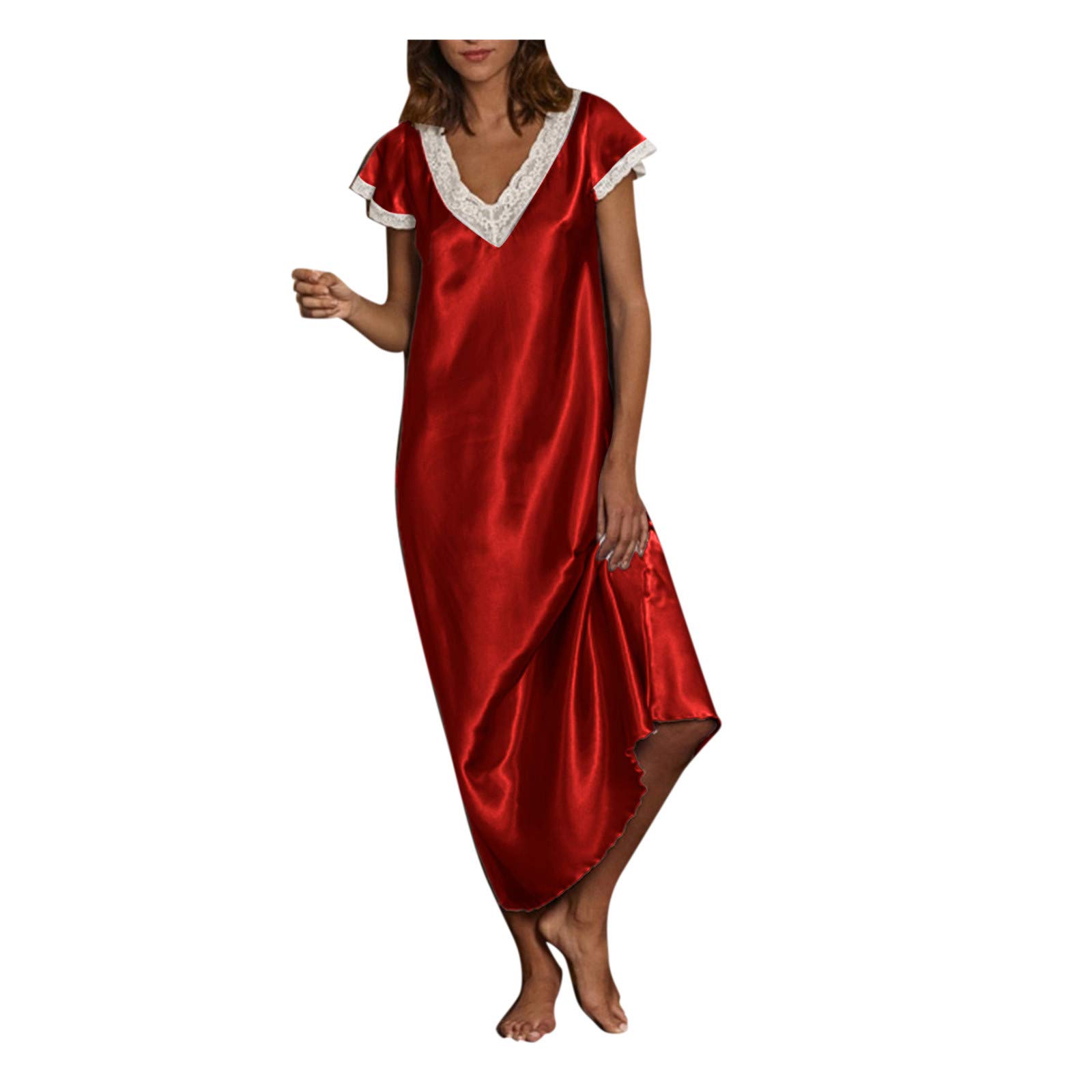 Elegant Satin Nightgown for Women - Sexy Lace Chemise Sleepwear & Nightwear - UK Maxi Dresses with Short Sleeve - Perfect for Romantic Evenings & Comfortable Sleep