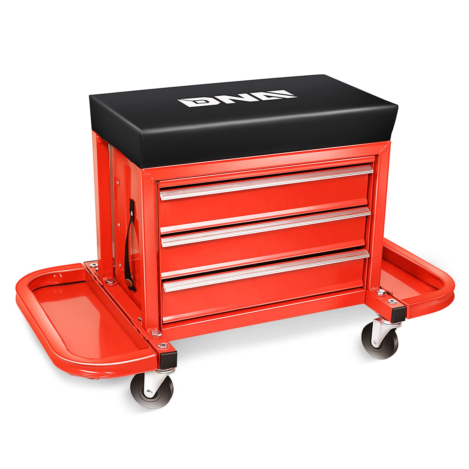 DNA MOTORING TOOLS-00261 3-Drawer Rolling Tool Chest with Tool Trays - Heavy Duty 350lbs Capacity Mechanic Seat (Red) - Perfect for Auto Repair Shops & Home Garages