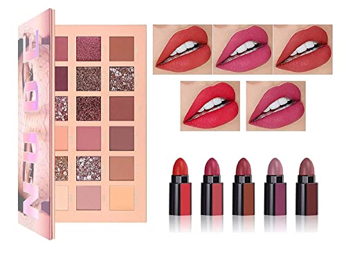 RETRIX Beauty Makeup Kit for Girls - 5 Fabulous Matte Lipstick Shades (Red Edition) + 18-Color Eyeshadow Palette (Nude Edition) | Perfect for Party, Wedding & Daily Makeup Looks