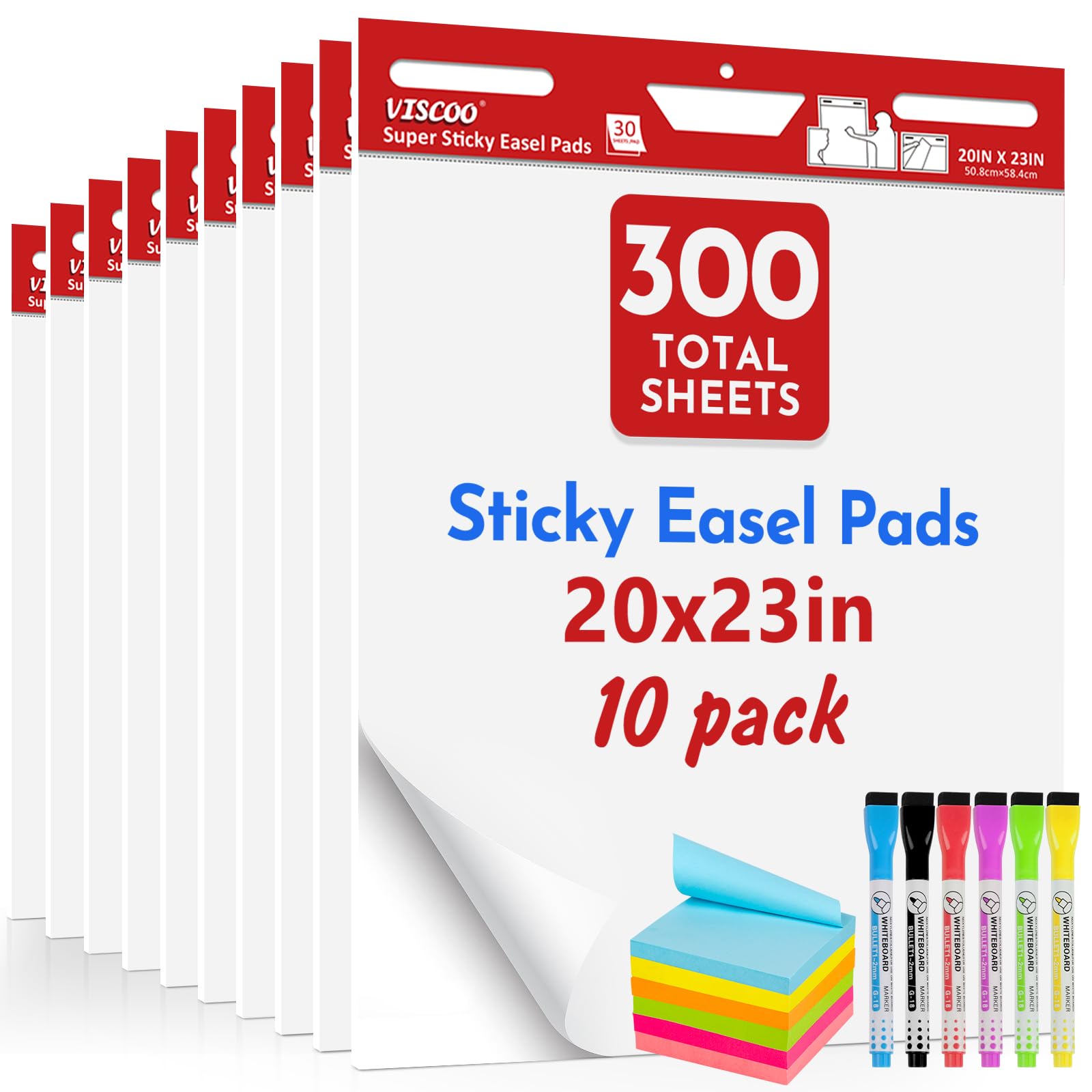 20 x 23 Inches Thickened Sticky Easel Pad - 300 Sheets/10 Pads Self Stick Whiteboard Chart Paper for Teachers & Classrooms | Large Anchor Chart Paper with Sticky Notes | Perfect for Presentations, Brainstorming & Classroom Decorations