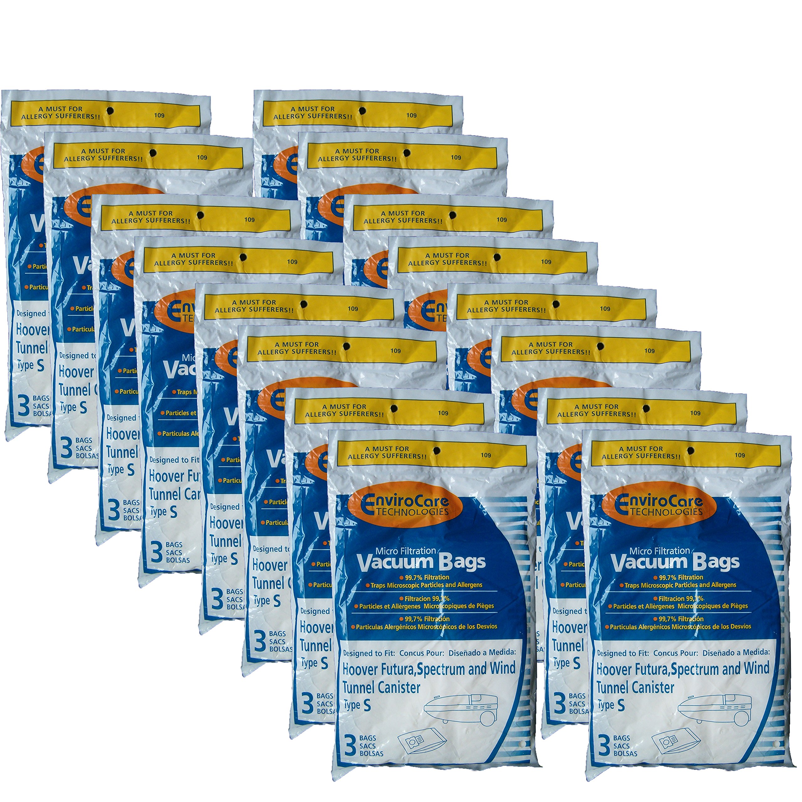 48 Hoover Windtunnel Allergy Vacuum Bags - Compatible with Type S, Futura, Spectrum & Power Max Models (43655097, 4010064S, 4010344S, 43655093, 4010100S) - Dust & Allergen Protection for Pet Hair, Carpets & Hard Floors
