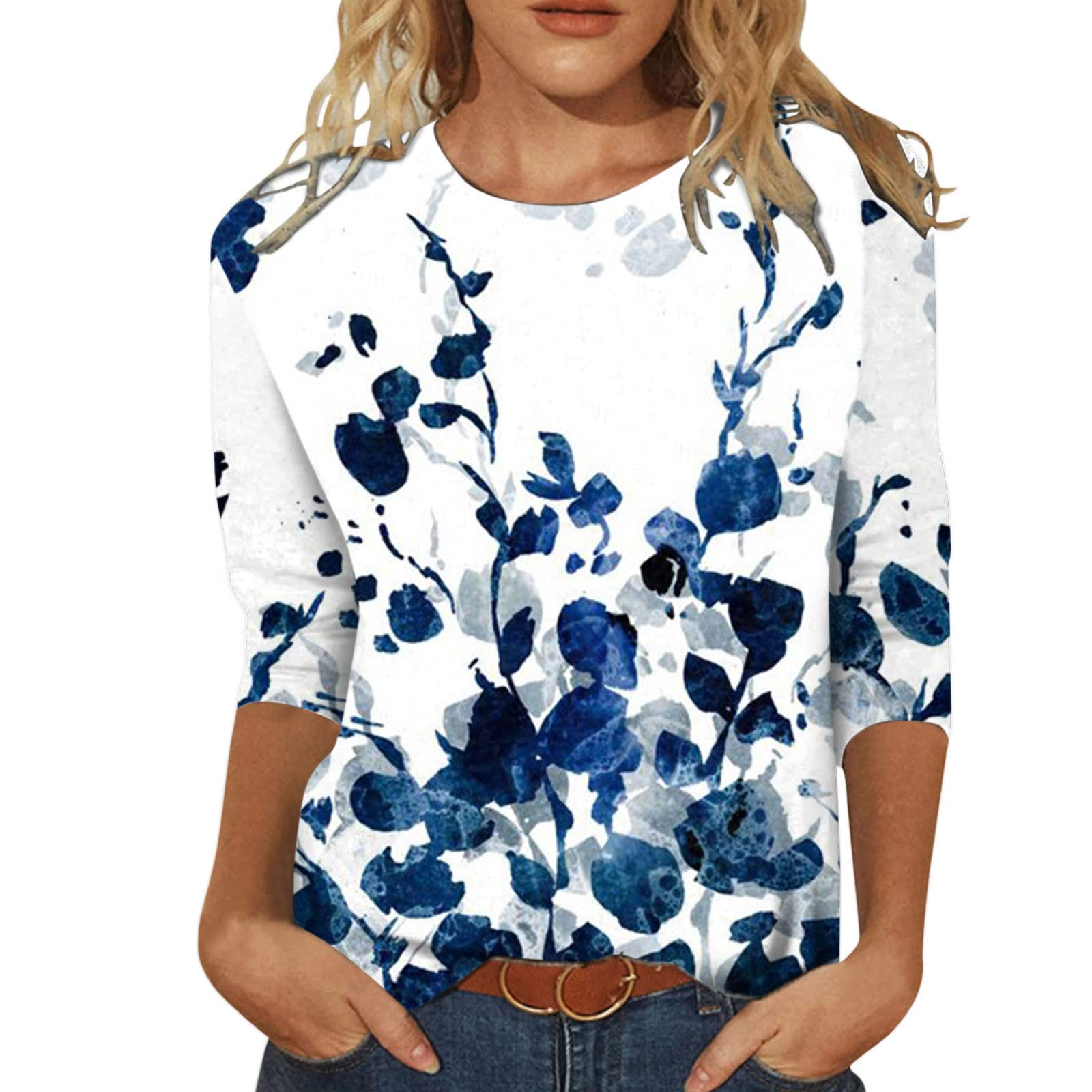 Women's 3/4 Sleeve Printed Crew Neck T-Shirts - Casual Summer Blouse Tops for Work & Weekend Outings | Perfect for Office, Date Night & Beach Vacations