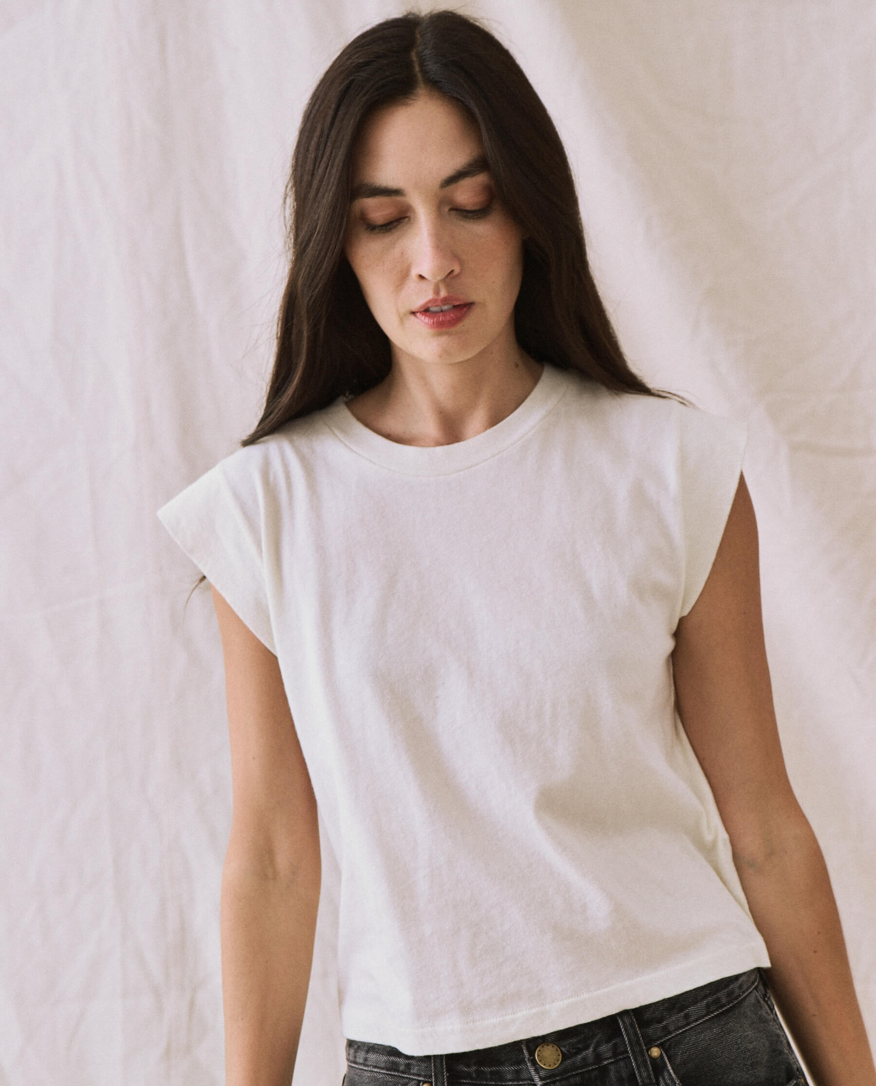 The Peak Shoulder Tee - Soft Washed White Cotton T-Shirt for Women | Casual Everyday Wear & Layering Essential