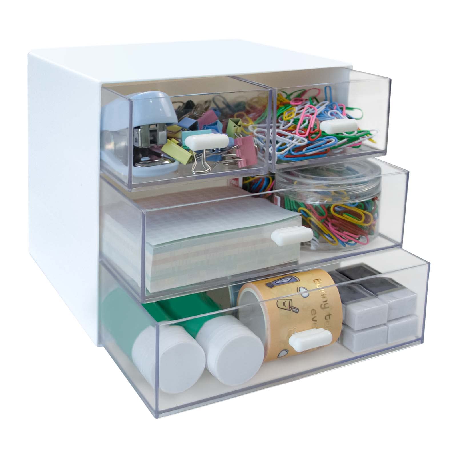 4-Drawer White Plastic Desk Organizer with Storage Box - Office, School & Home Stationery Supplies Organizer for Pens, Paper Clips & Small Accessories - Perfect for Workspace, Study Desk & Craft Room Organization