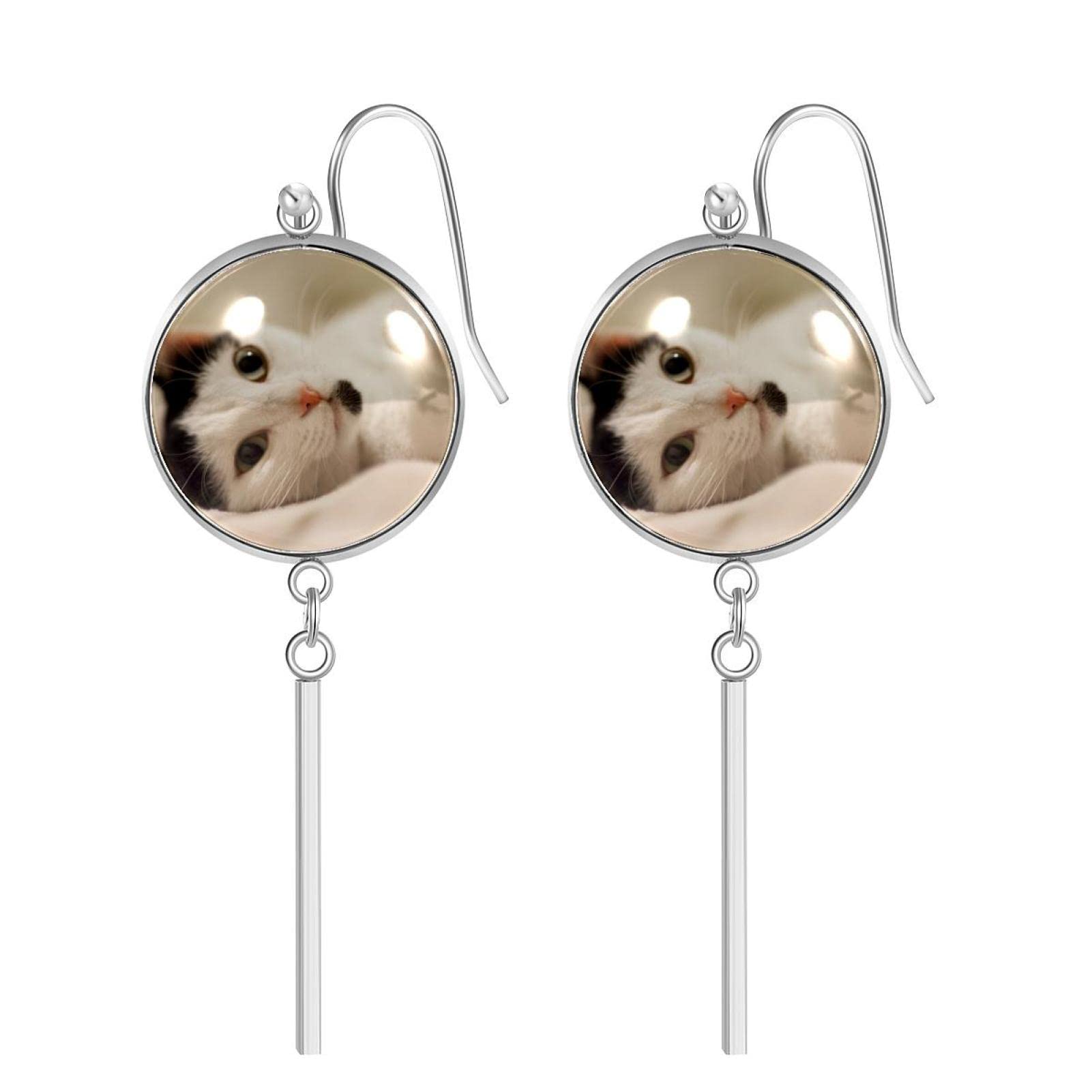 Stylish Cat Pattern Stainless Steel Dangle Earrings for Women - Trendy Hanging Hoop Earrings with Vertical Bar & Round Glass - Perfect Fashion Jewelry Gift for Girls & Women | Great for Parties, Date Nights & Everyday Wear