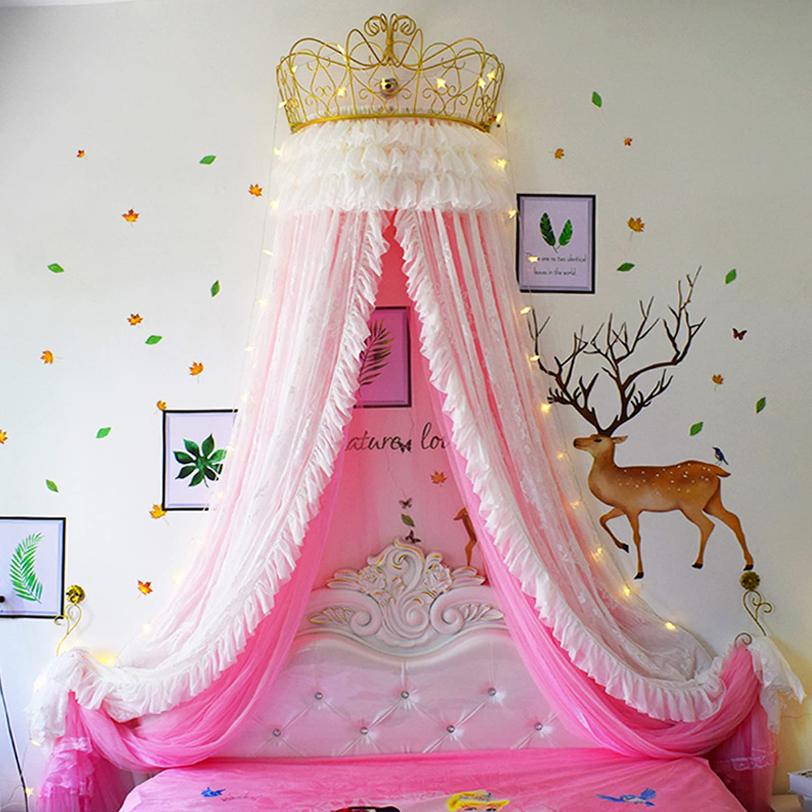 Golden Crown Lace Princess Bed Canopy with Lights - Romantic Double Layer Decorative Bed Curtain for Girls Bedroom (Pink, 6/6.6ft) - Perfect for Birthday Gifts, Nursery Decor & Fairy Tale Themed Rooms