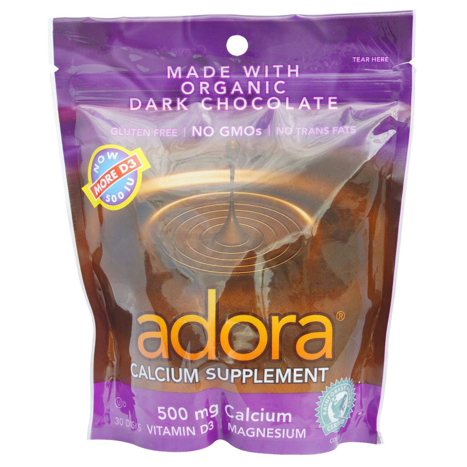 Organic Dark Chocolate Calcium Supplement Disks - 30 Count (Pack of 12) | Adora | Bone Health Support for Adults & Kids | Perfect for Snacking, Gifts & Daily Nutrition