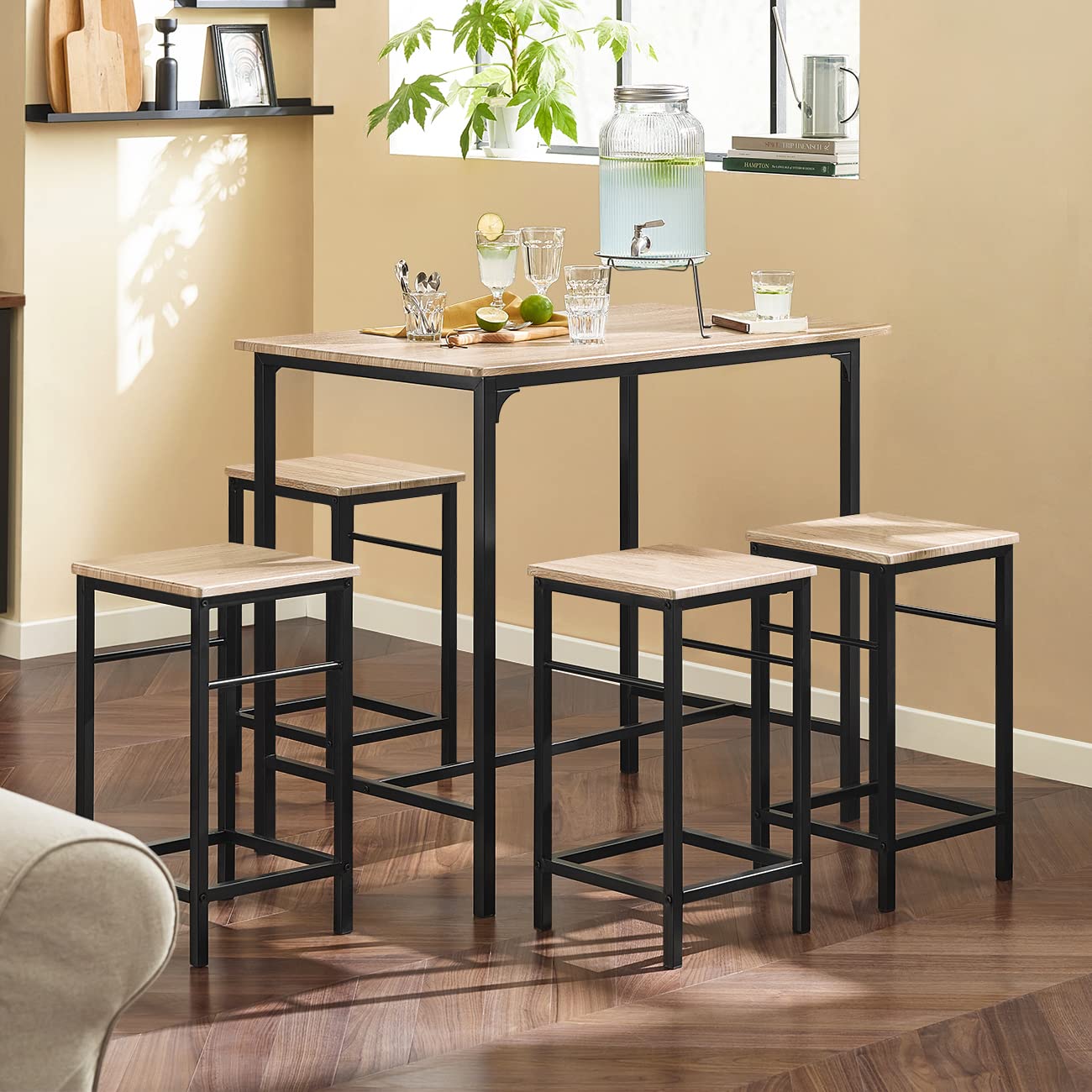 Haotian Bar Set - 1 Bar Table & 4 Stools, Natural Wood Kitchen Breakfast Counter Height Dining Furniture Set OGT11 - Perfect for Small Spaces, Apartments & Home Entertaining