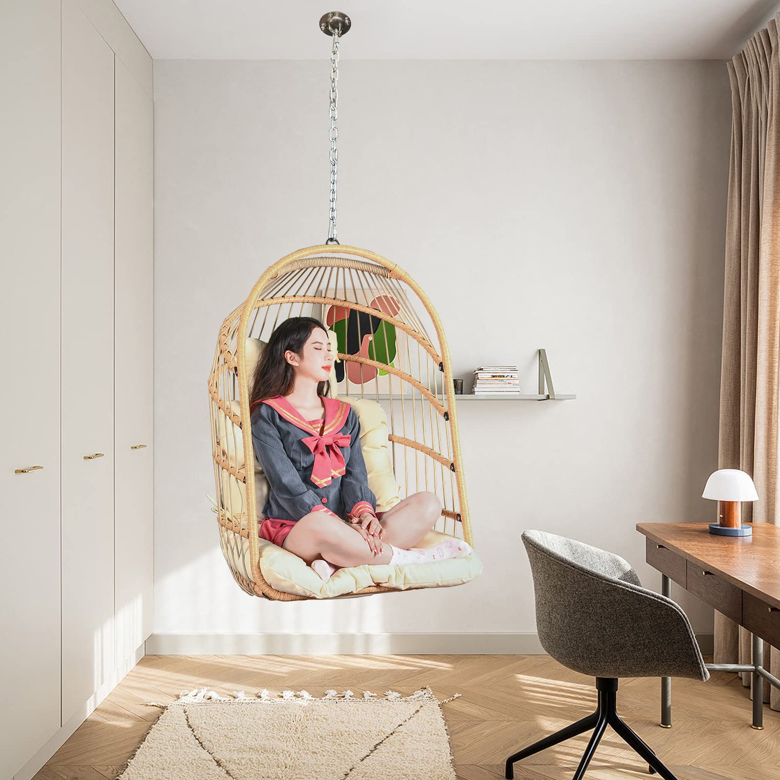 Premium Indoor/Outdoor Hanging Egg Chair - Foldable Wicker Swing Chair with Chains (62.99 Inch, 360LBS Capacity, Beige) - Perfect for Patio, Garden, Balcony & Living Room Relaxation
