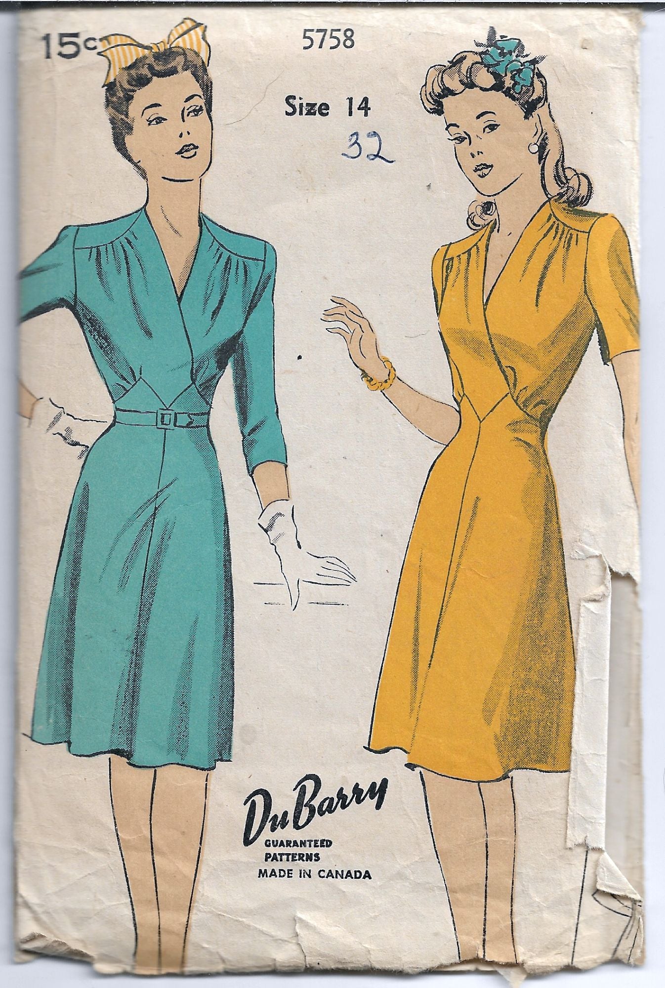 Vintage 1940s DuBarry 5758 Ladies Dress Sewing Pattern - Rare Unprinted Retro Fashion for Costume Parties, Historical Reenactments & Vintage Style Inspiration