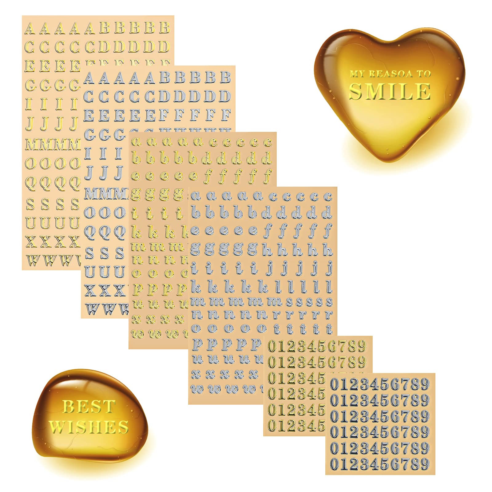 Yolev 6 Sheets Alphabet & Number Stickers - Mini Glitter Alloy Self-Adhesive Letters for DIY Crafts, Scrapbooking & Epoxy Resin Casting Decoration - Perfect for Journals, Cards & Home Decor Projects