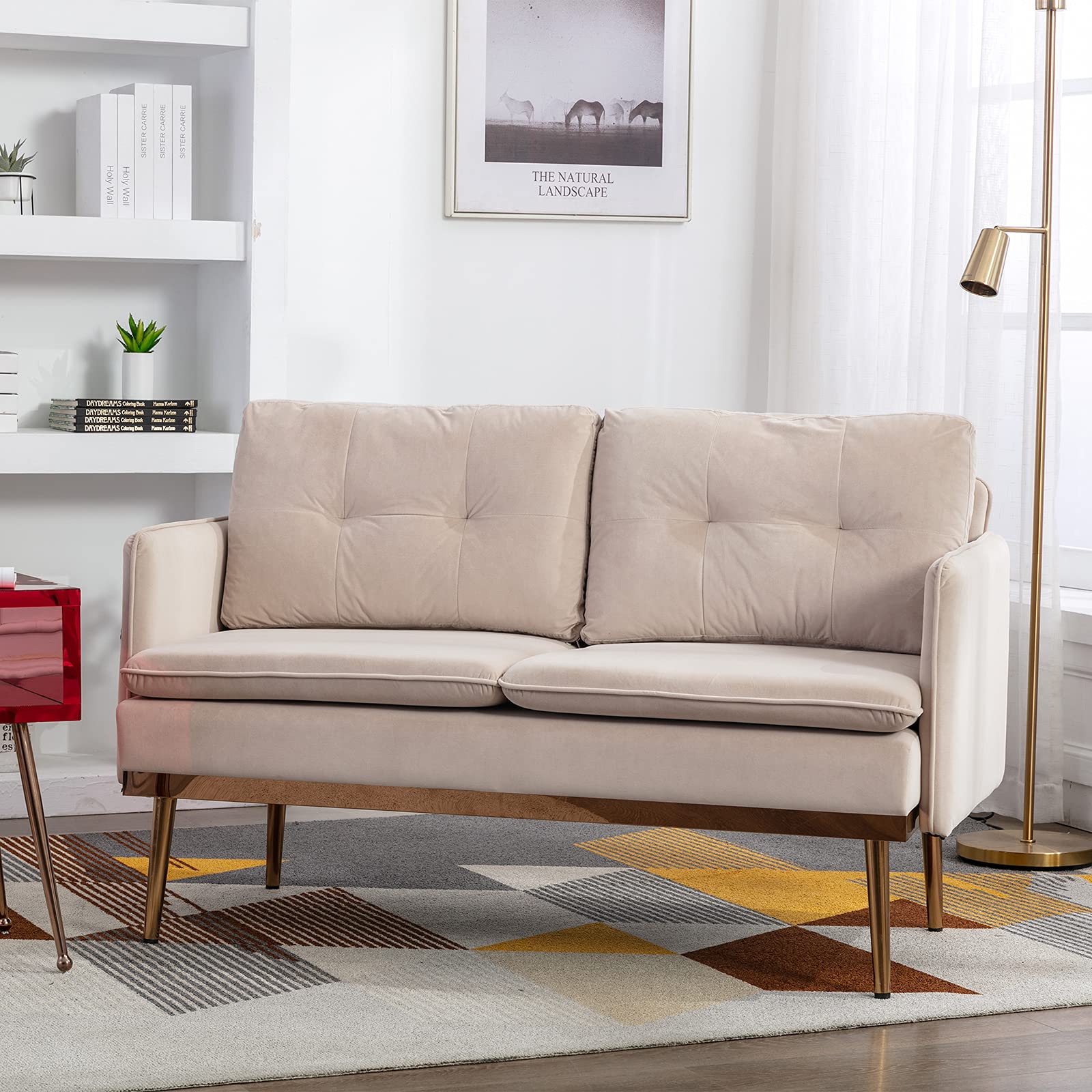 Baysitone 56-inch Small Velvet Loveseat Sofa with Rose Gold Metal Legs - 700lb Weight Capacity, Twin Size Modern Couch with Removable Cushions for Living Room, Bedroom & Small Spaces - Perfect for Apartments, Dorms & Cozy Reading Nooks (Beige)