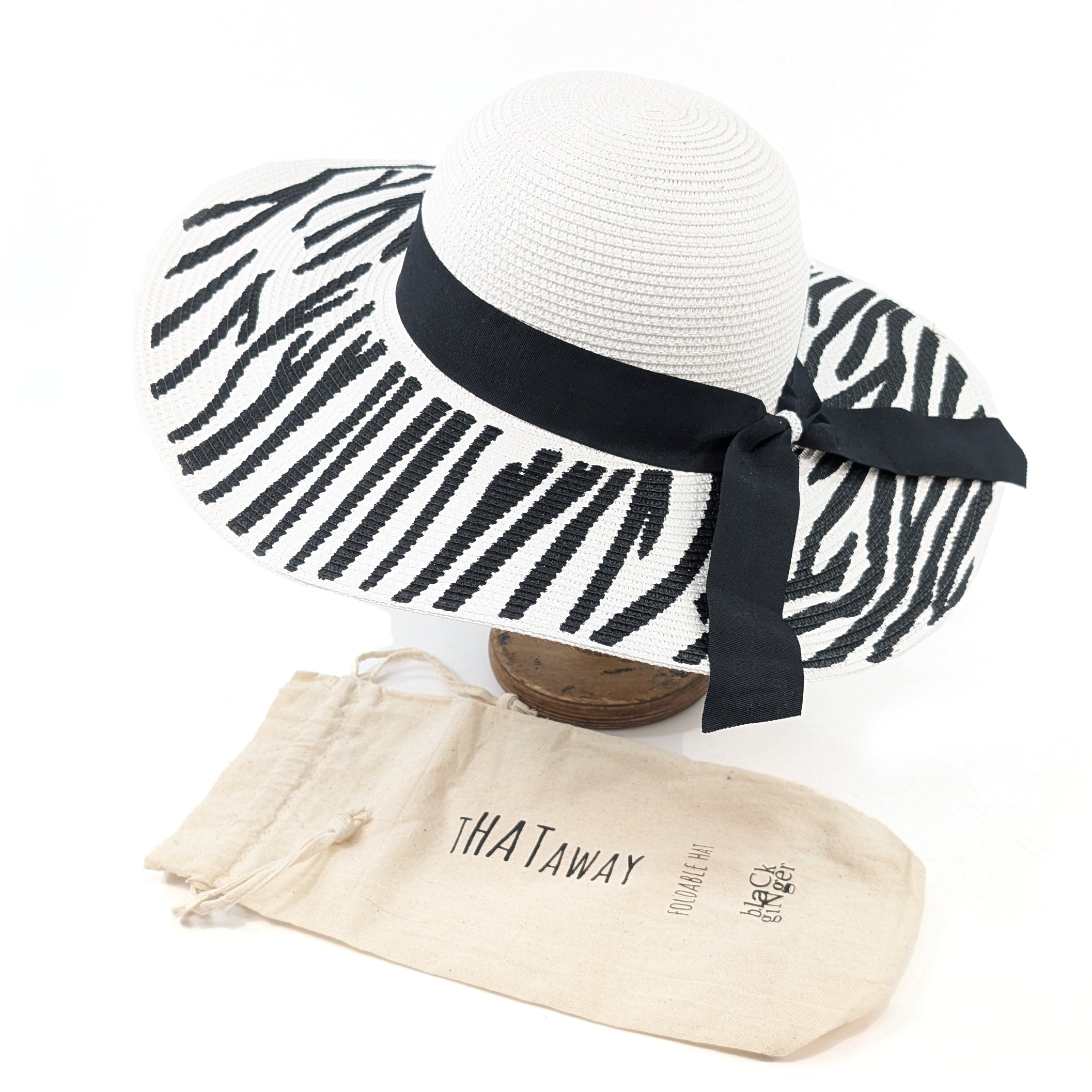 Zebra Print Wide Brim Foldable Sun Hat for Women - 57cm UV Protection Summer Beach Hat (White/Black) - Perfect for Outdoor, Travel, and Vacation