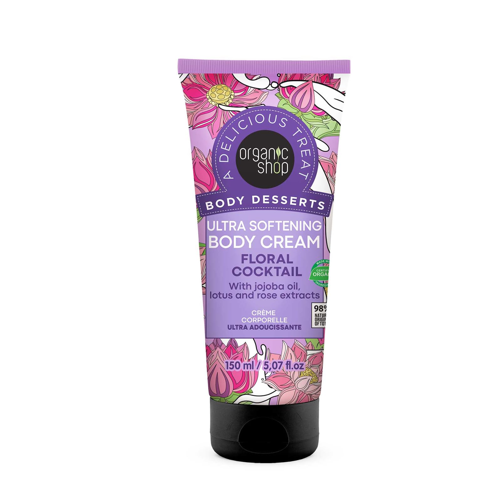 Organic Jojoba Oil & Lotus Rose Extract Body Cream - Ultra Softening Hydrating Vegan Moisturizer for Face, Hands & Body - 150ml Daily Intensive Care Lotion for Dry Skin Relief & Nighttime Hydration