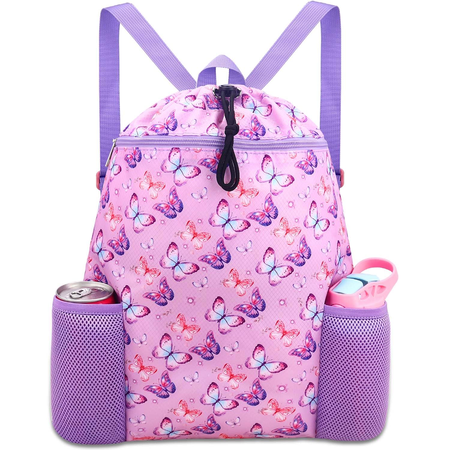 RHCPFOVR Butterfly Drawstring Backpack for Women & Girls - Waterproof Lightweight Swim Bag for Beach, Pool, Gym - Sports Backpack with 2 Water Bottle Holders - Perfect for Swimming, Travel, and Outdoor Activities
