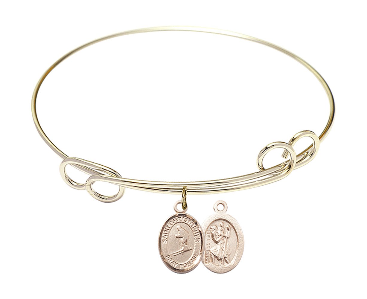 7 1/2 Inch Round Double Loop Bangle Bracelet with St. Christopher Skiing Charm - Perfect for Travel Protection & Winter Sports Jewelry Gift