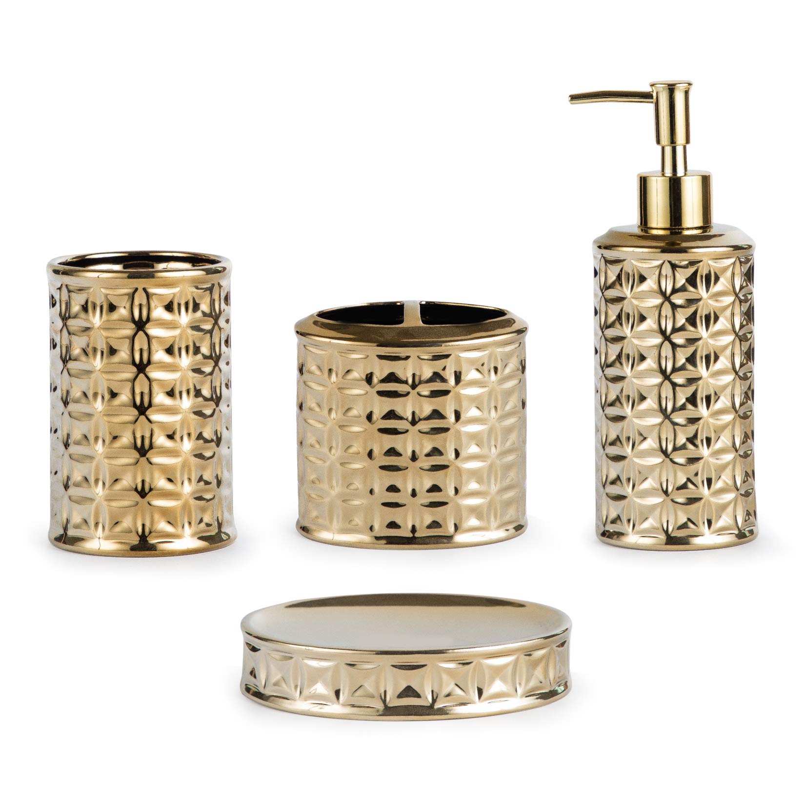 Luxury Gold Ceramic Bathroom Accessory Set - 4-Piece Includes Soap Dish, Toothbrush Holder, Lotion Dispenser & Tumbler | Elegant Bathroom Decor for Modern Homes, Hotels & Spas