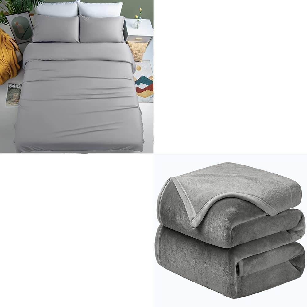 Shilucheng 100% Bamboo Queen Size Bed Sheets Set - 4 Piece Soft Lightweight Grey Sheets with Fleece Blanket for Cozy Sleep & Luxury Bedroom Decor