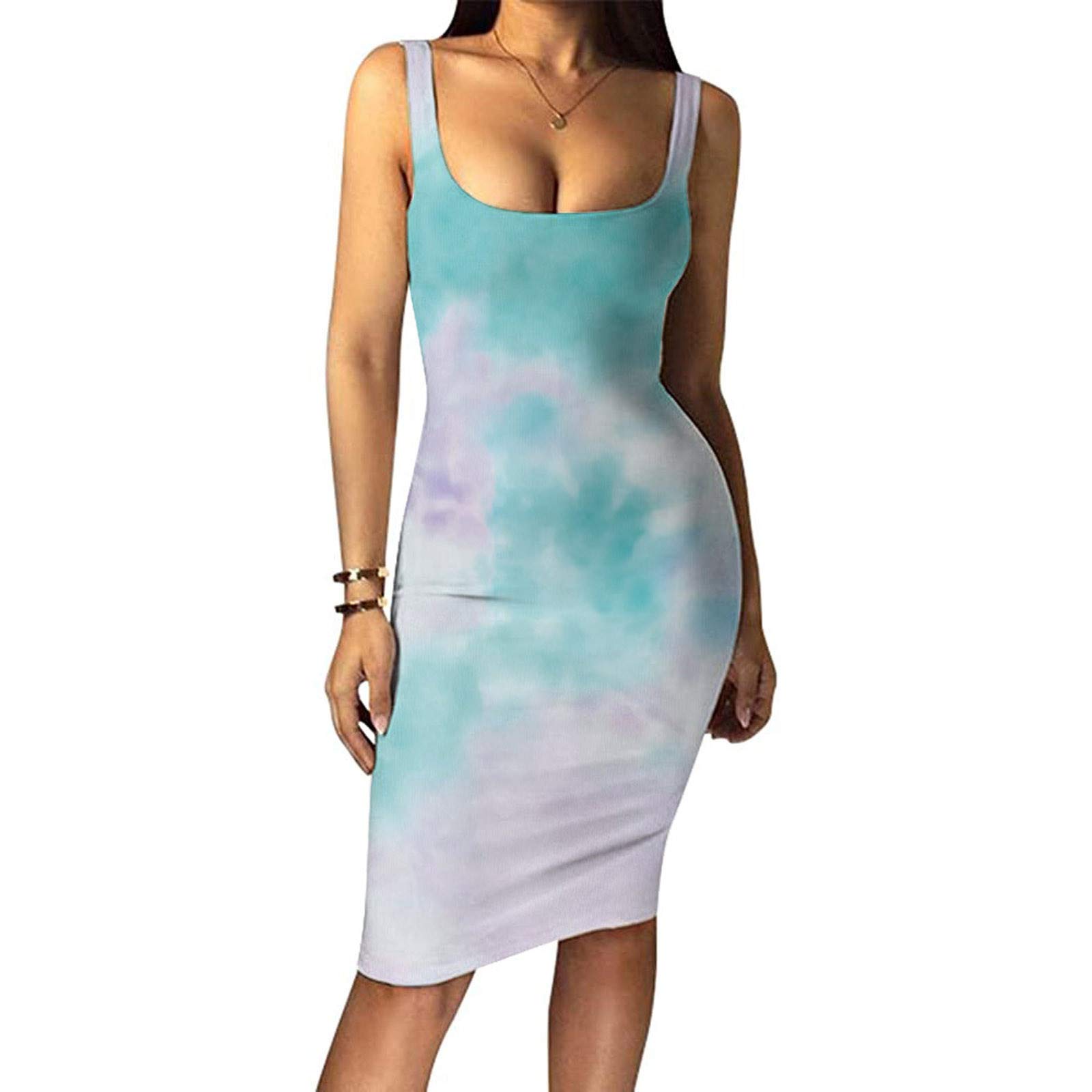 AIouios Women's Summer Bodycon Dress - Sleeveless Sexy Printed Tank Sundress, Casual Tight Midi Dress for Night Out, Beach Vacation & Party Wear