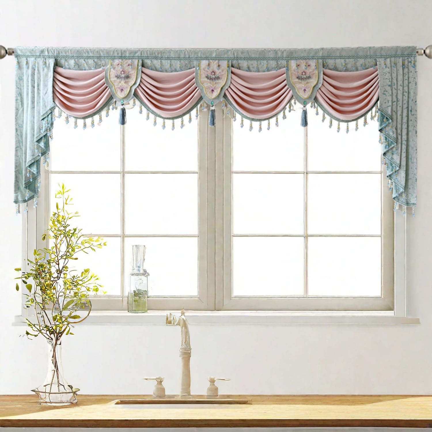 Gxi Custom Chenille Waterfall Valance - Blackout Thermal Insulated Luxury Curtain Drapes with Rod Pocket Top, 1 Panel 118 Inch, Green - Perfect for Living Room, Bedroom & Home Theater Window Treatments