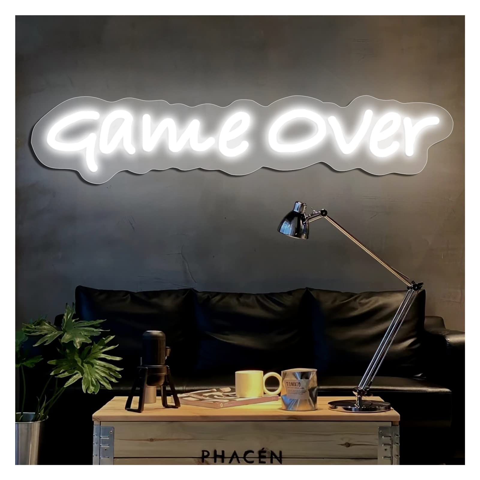 Game Over LED Neon Sign - 59x12cm White Wall Decor for Gaming Room, Living Room, Man Cave & Bar Party | Retro Arcade Style Neon Light for Home & Office Decoration