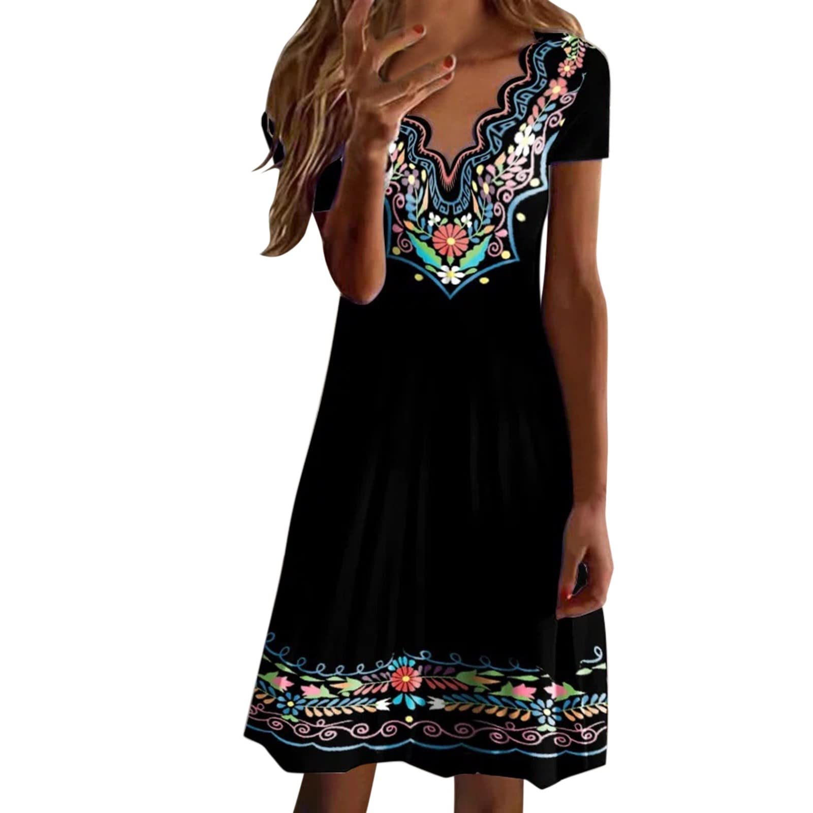 Boho Print Black Dress for Women - Casual V-Neck Short Sleeve Loose Fit Summer Dress | Perfect for Beach Vacations, Music Festivals & Everyday Wear