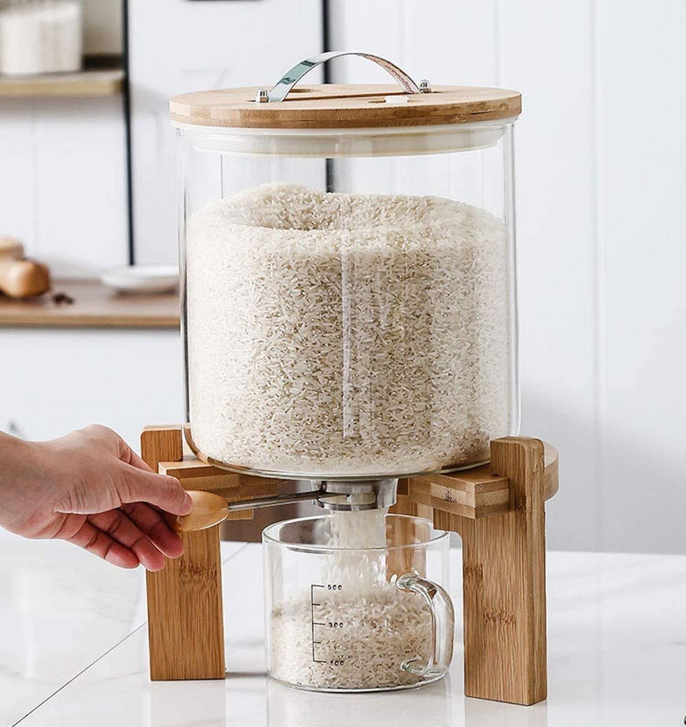 Premium Glass Airtight Food Storage Containers with Lids & Wooden Stand - 5L/7.5L Cereal, Rice, Flour, Sugar Organizer - Perfect for Kitchen Pantry, Countertop Display & Bulk Food Storage